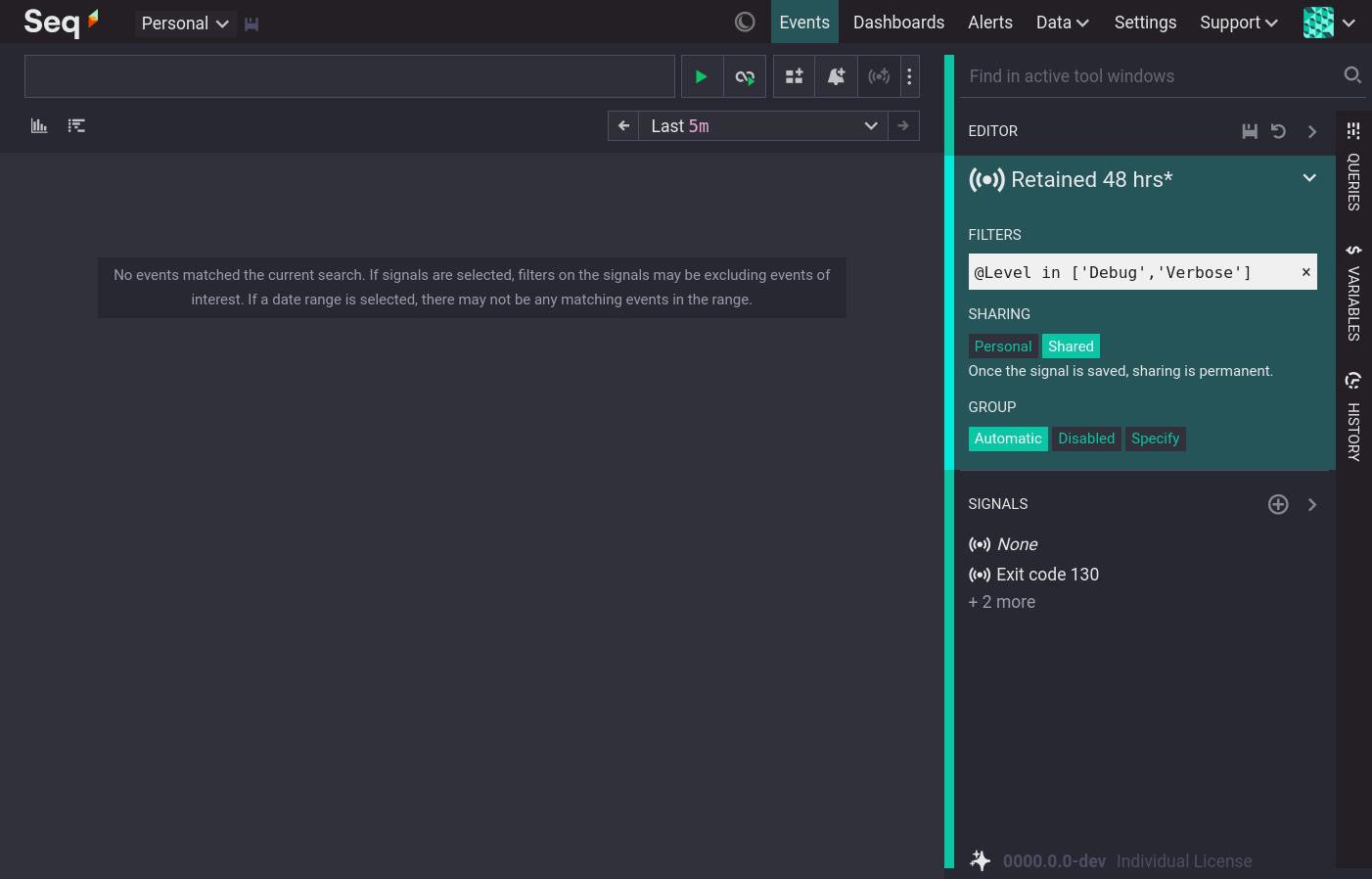 Seq events screen creating a new signal