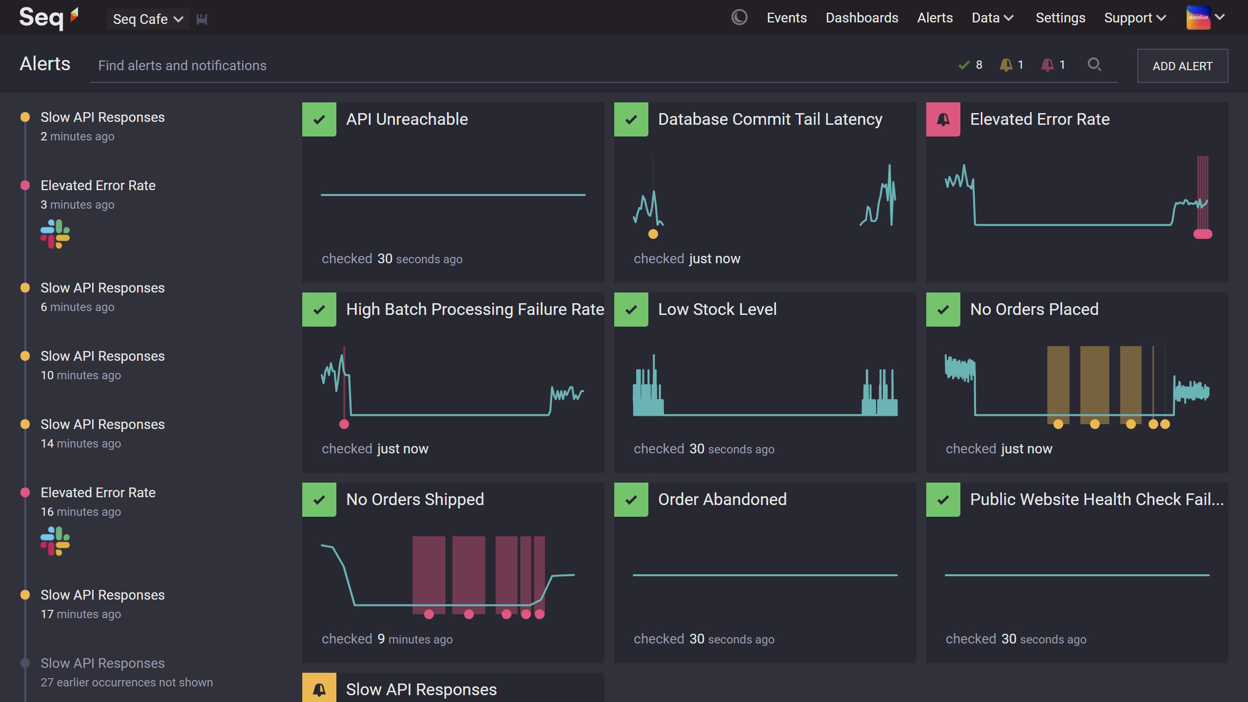 Seq 2021.3 Alerts dashboard, showing notification history and current trigger status of several alerts.