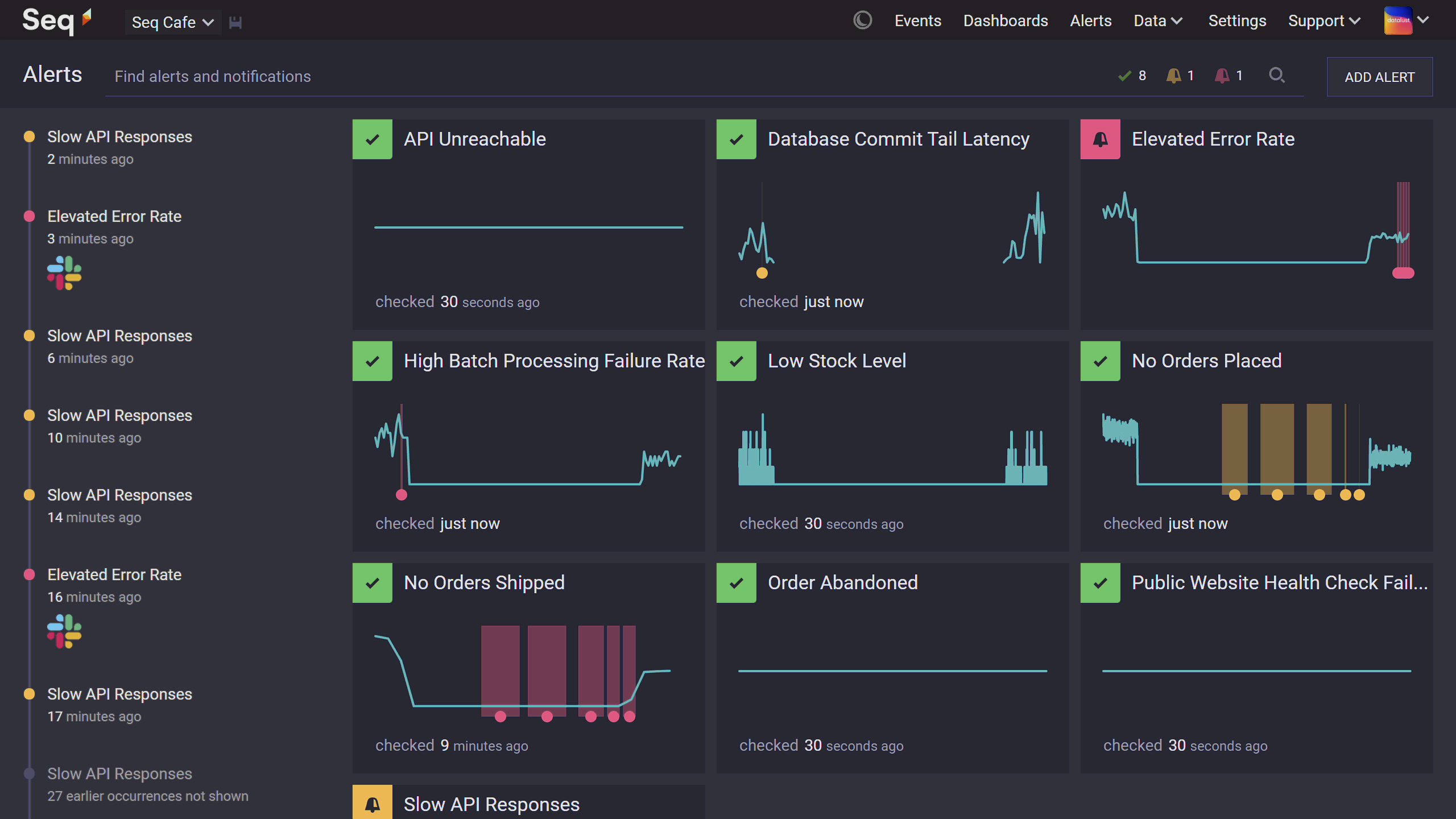 Seq 2021.3 Alerts dashboard, showing notification history and current trigger status of several alerts.