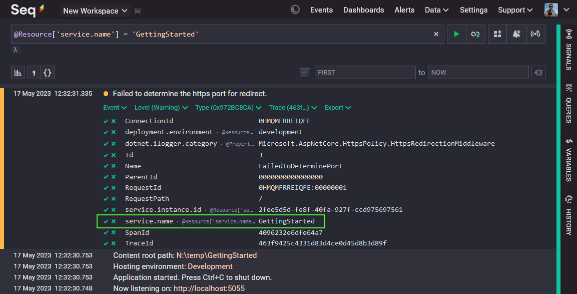 Seq Events screen showing resource attributes.