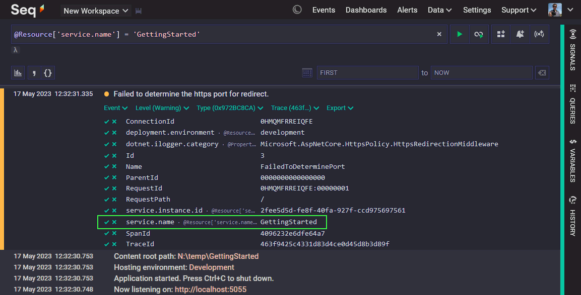 Seq Events screen showing resource attributes.