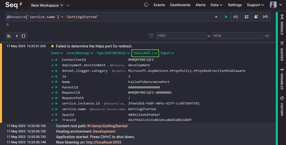 Seq Events screen showing OTLP event with trace menu highlighted.