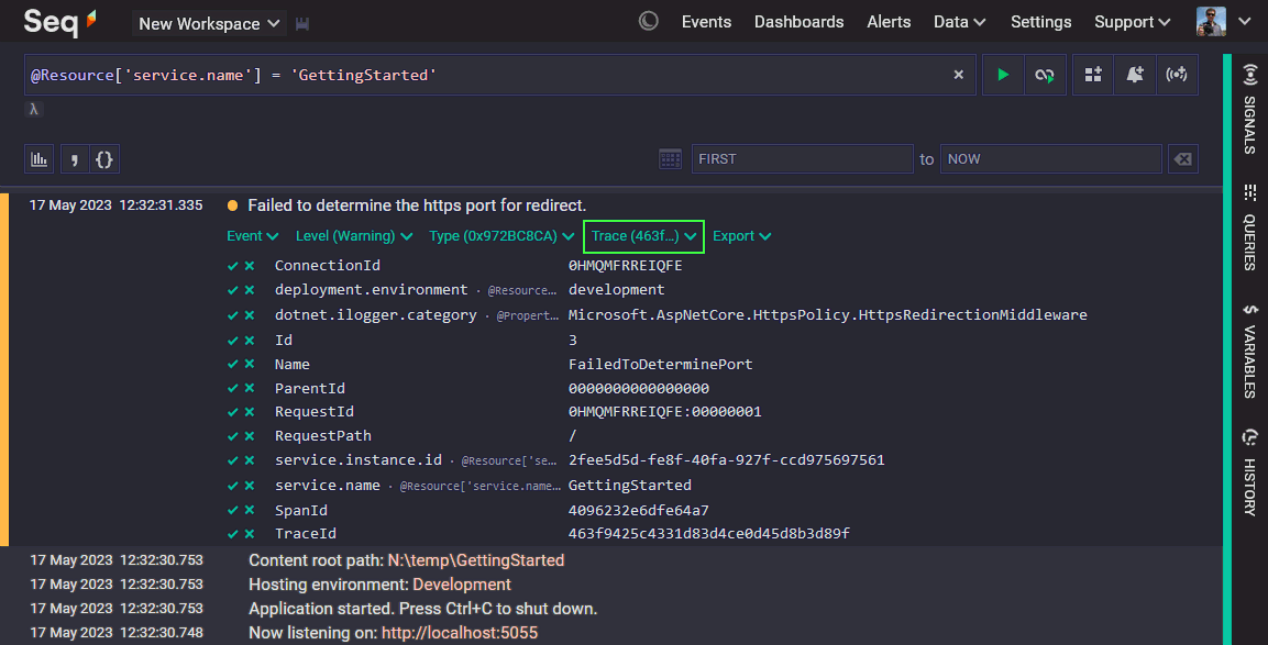 Seq Events screen showing OTLP event with trace menu highlighted.