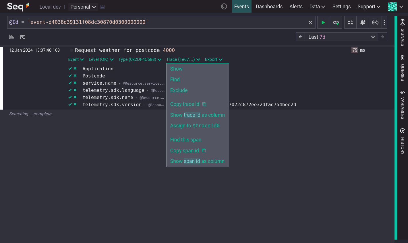 A span with its Trace menu open.