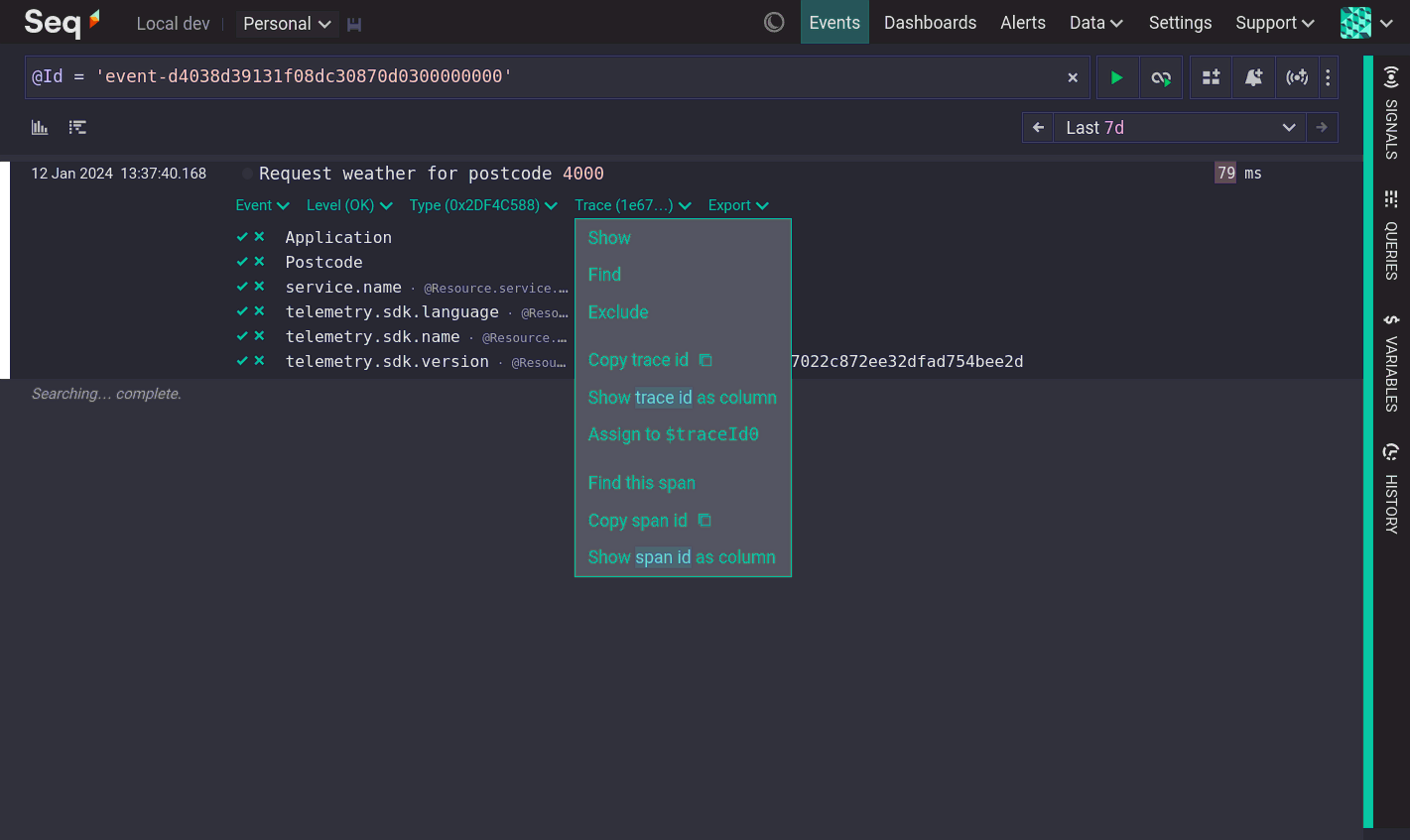 A span with its Trace menu open.