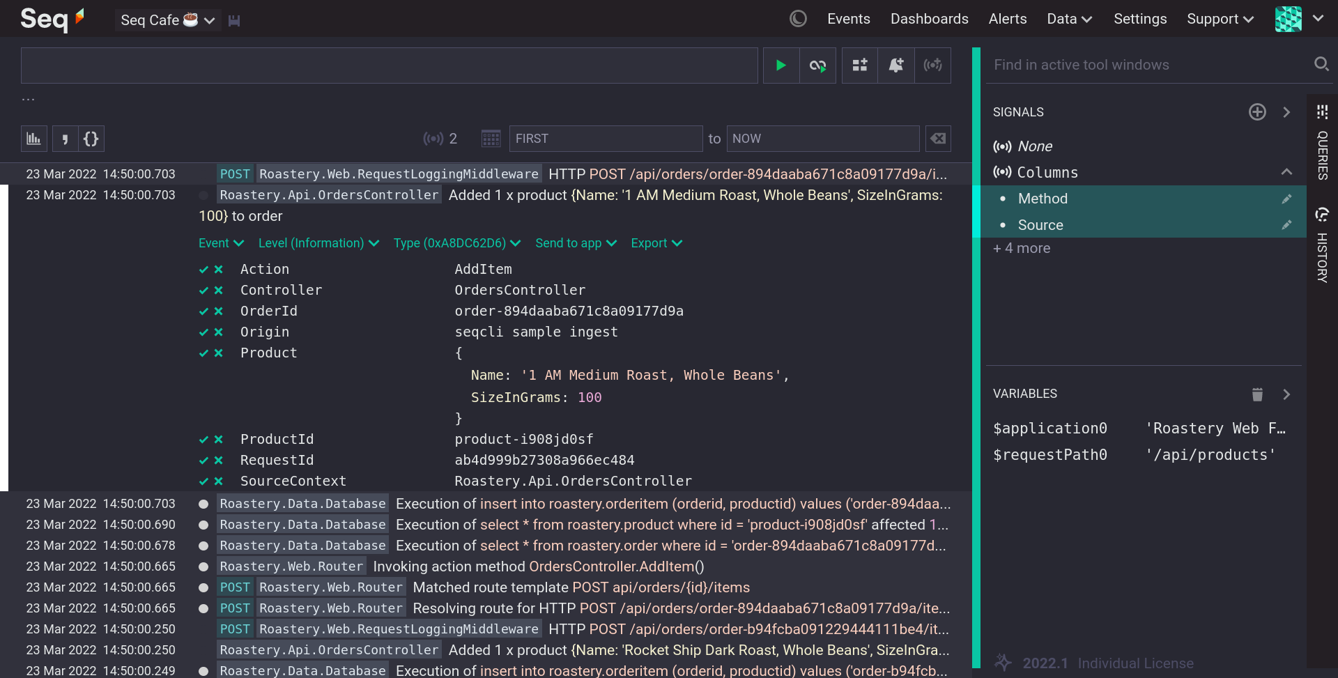 The Seq web UI, showing a search bar and a list of most recent events in descending order.