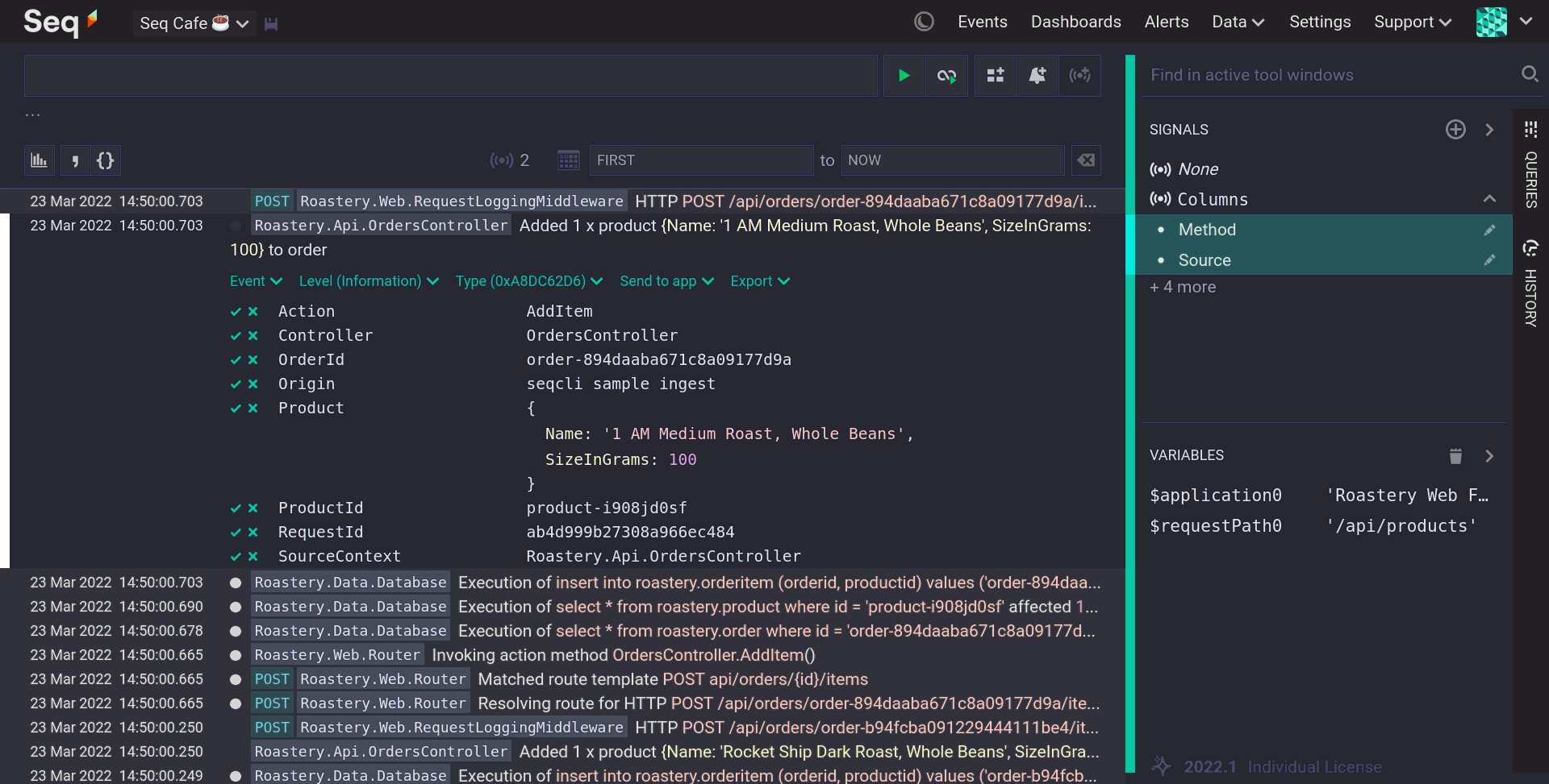 The Seq web UI, showing a search bar and a list of most recent events in descending order.