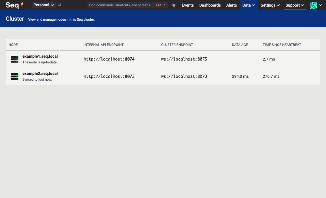 The new Data > Cluster screen, showing two healthy nodes.