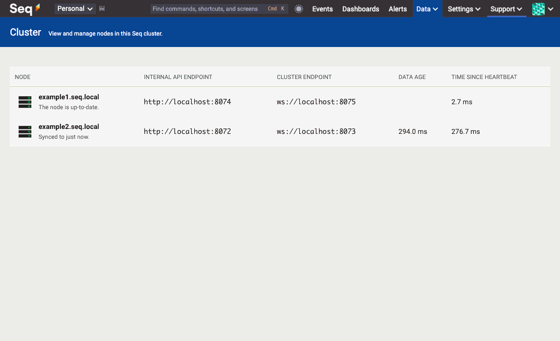 The new Data > Cluster screen, showing two healthy nodes.