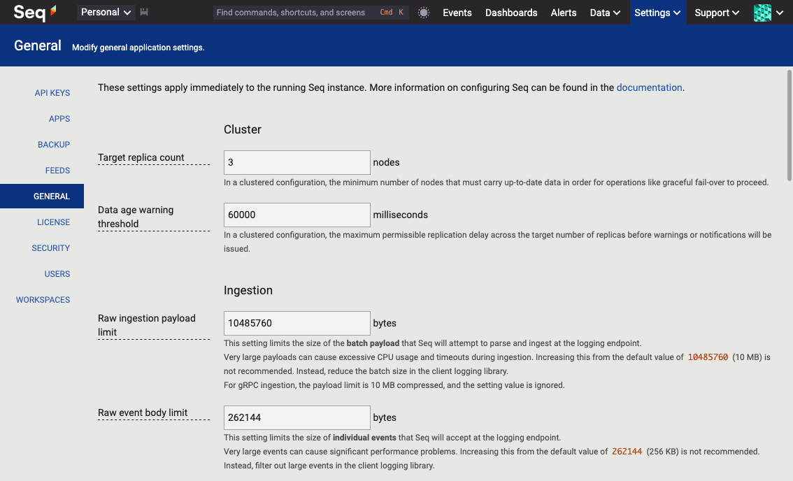 The Settings > General page, showing the "Target replica count" setting.