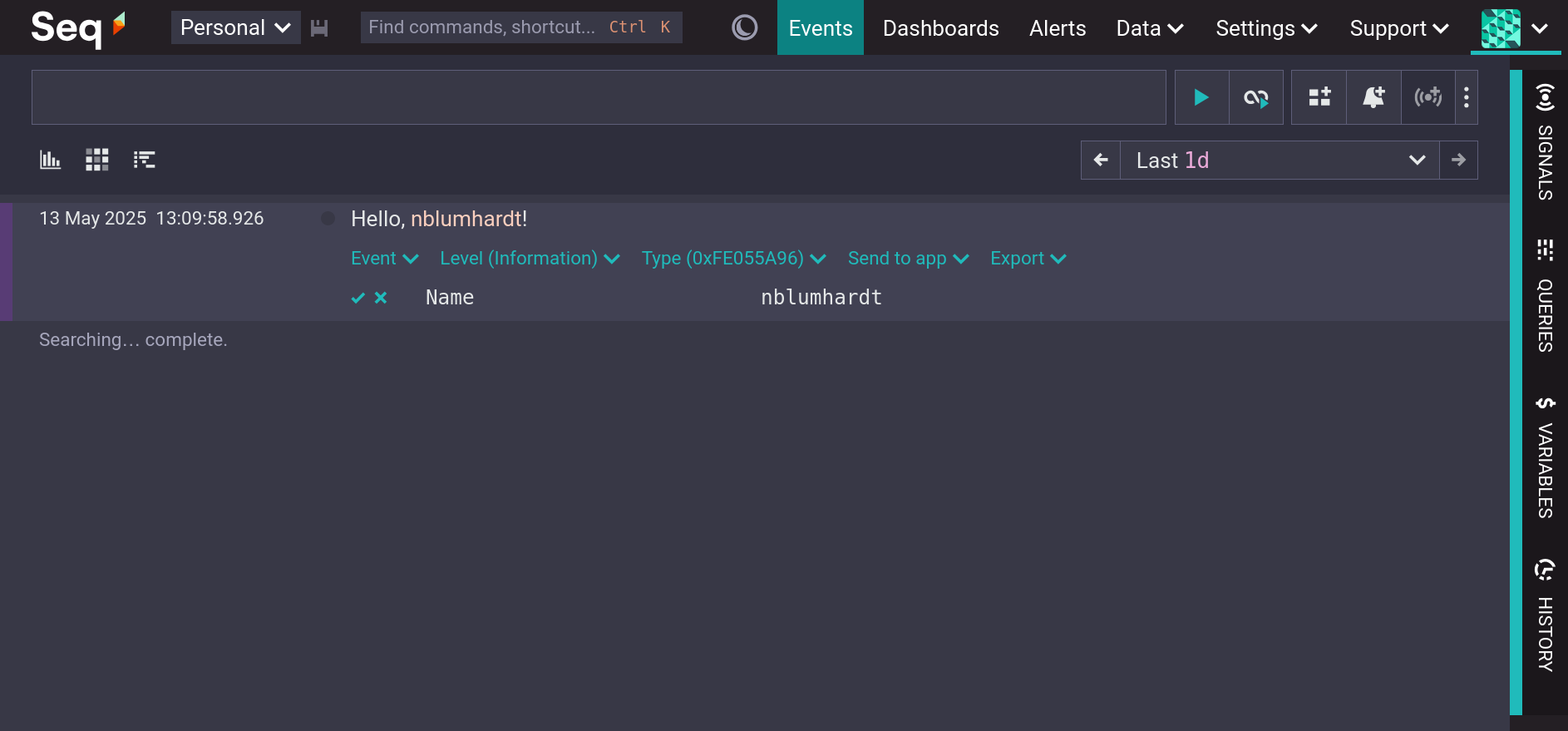 Seq Events page showing a single event.