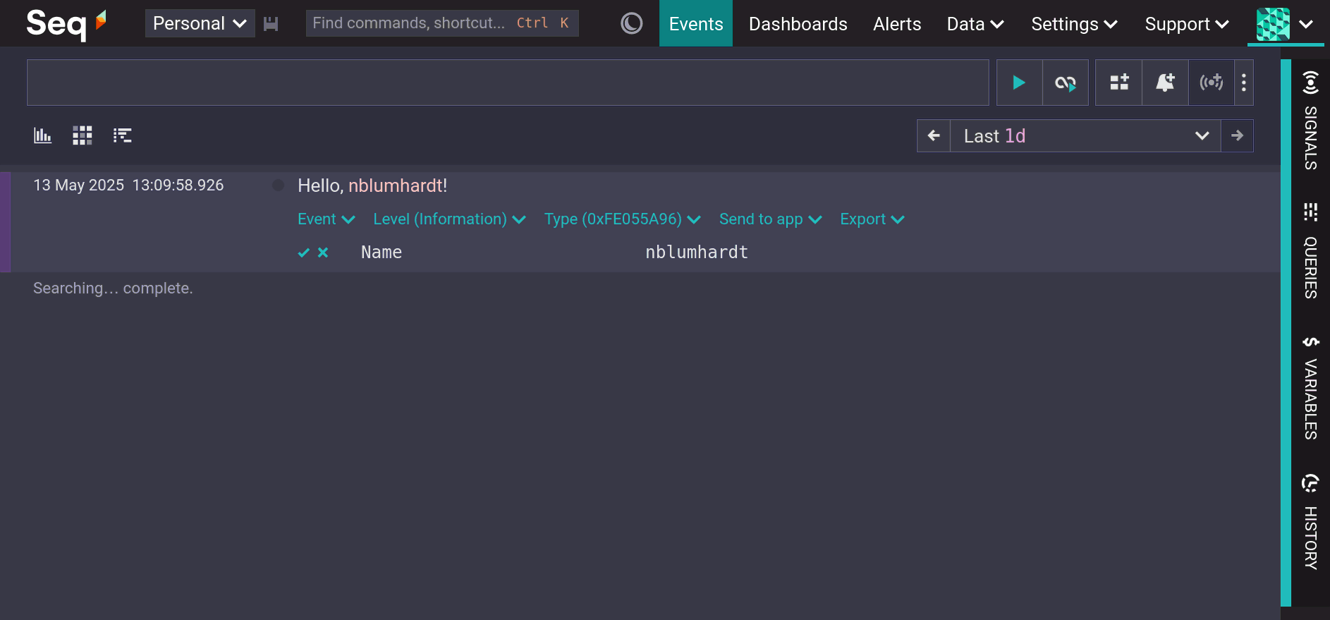 Seq Events page showing a single event.
