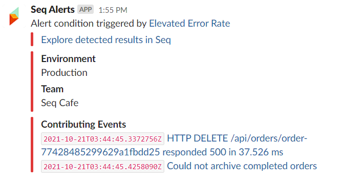 An alert notification displayed in Slack. The notification includes two notification properties, Environment and Team, along with two of  the events that contributed to the alert.