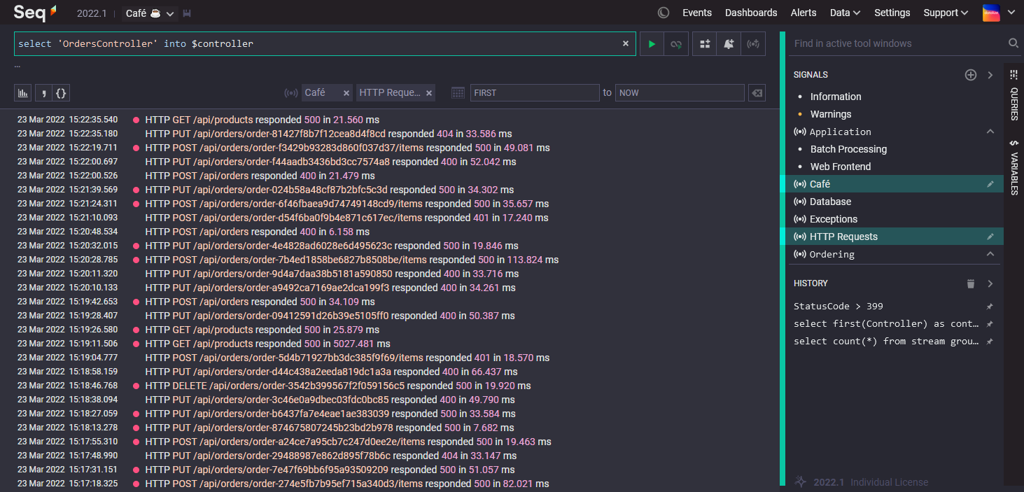 Seq 2022.1, showing the new signal bar organization, and query syntax for assigning a variable.