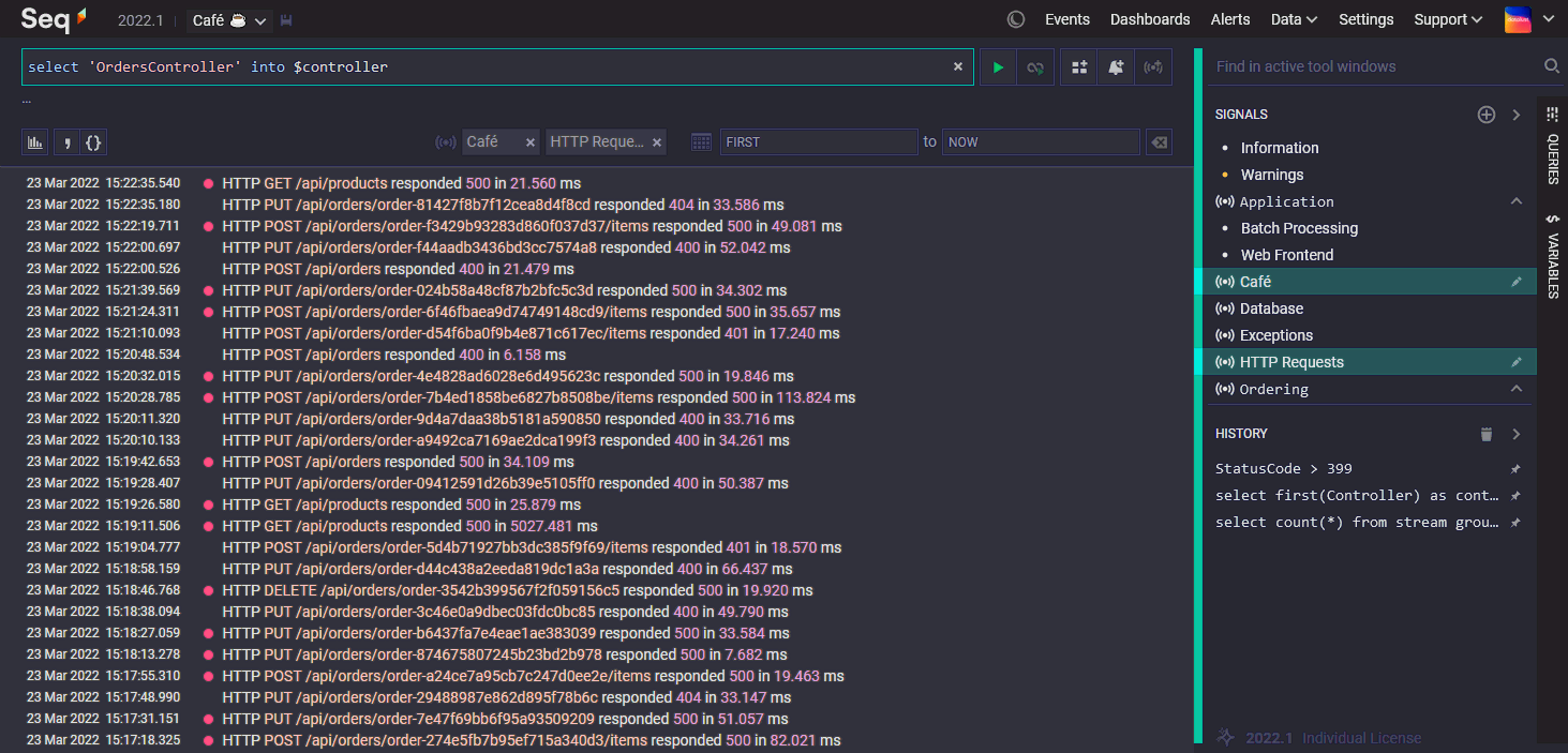 Seq 2022.1, showing the new signal bar organization, and query syntax for assigning a variable.