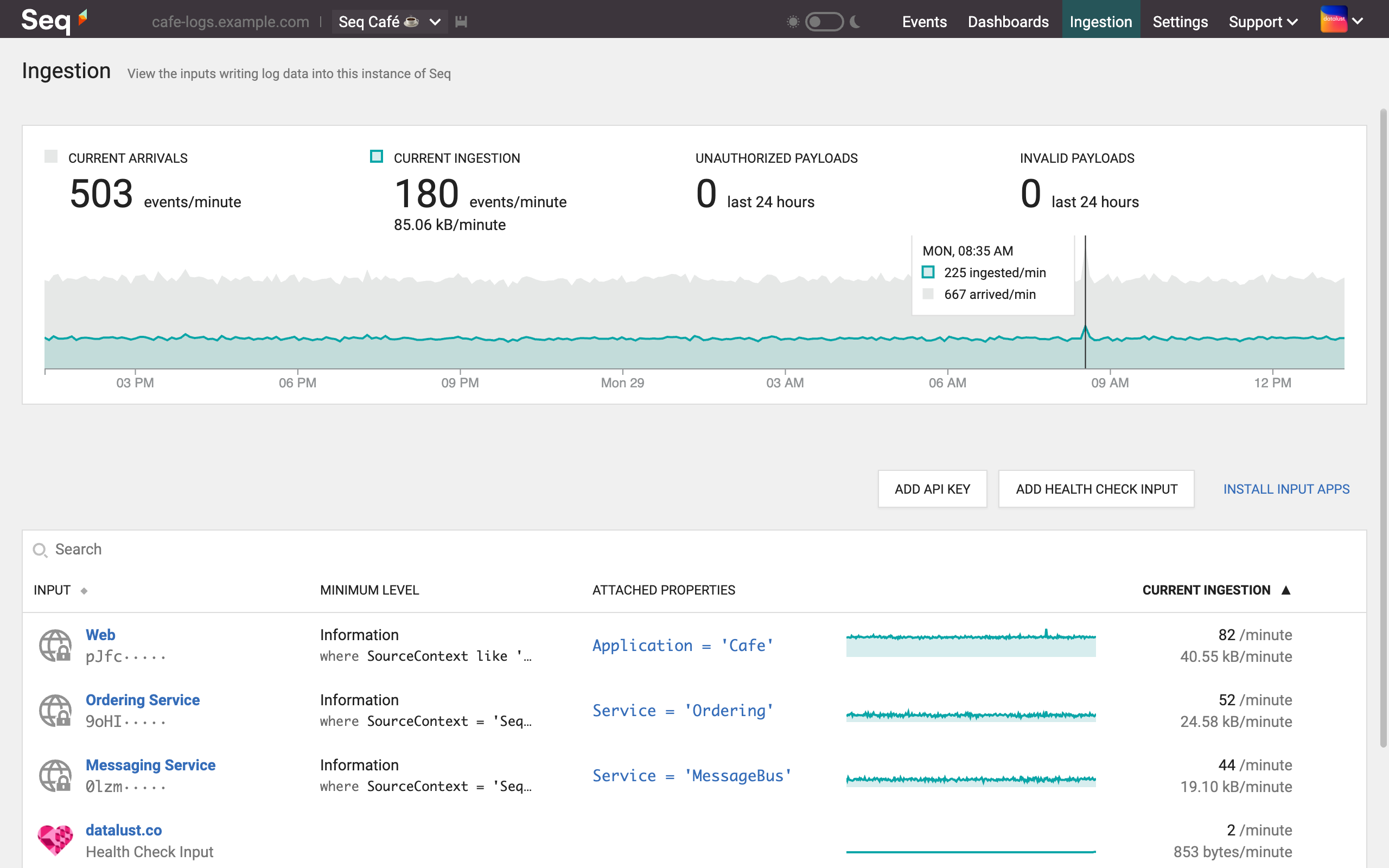 The Seq 2020.1 Ingestion screen.