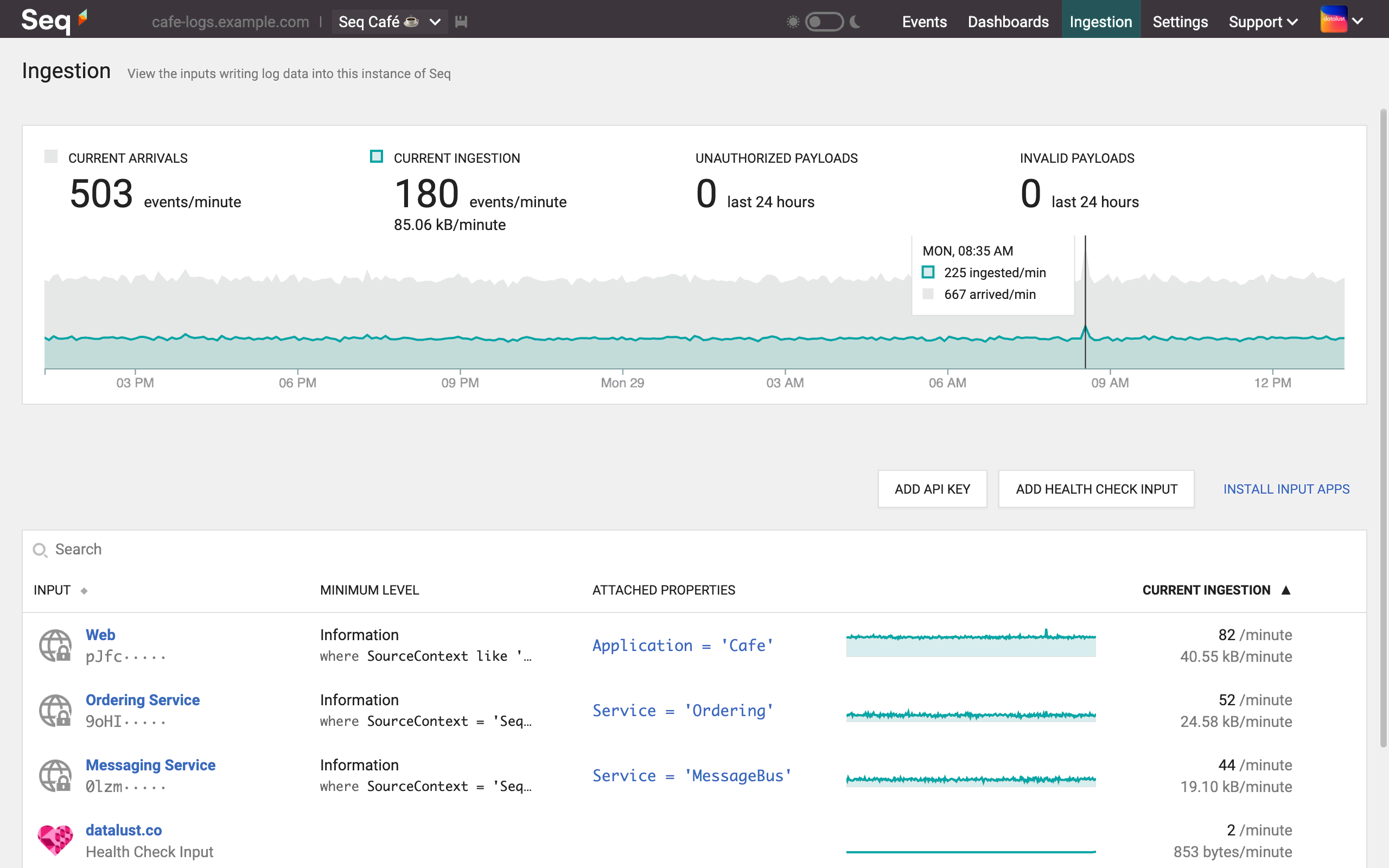 The Seq 2020.1 Ingestion screen.