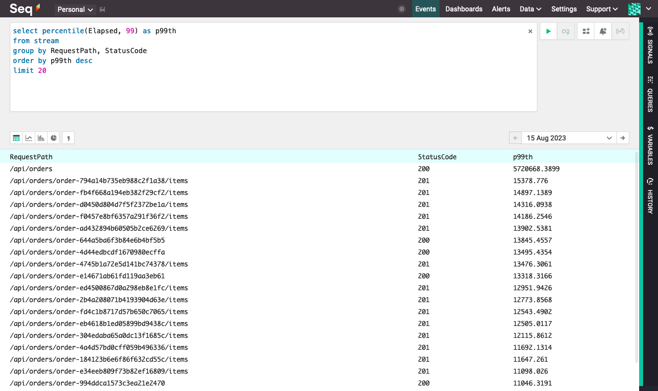 The query select percentile(Elapsed, 99) as p99th from stream group by RequestPath, StatusCode order by p99th desc.