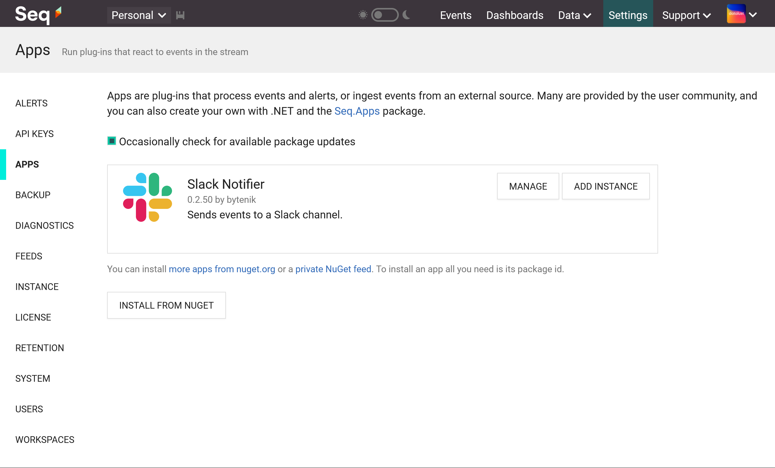 Slack app installed in Seq.
