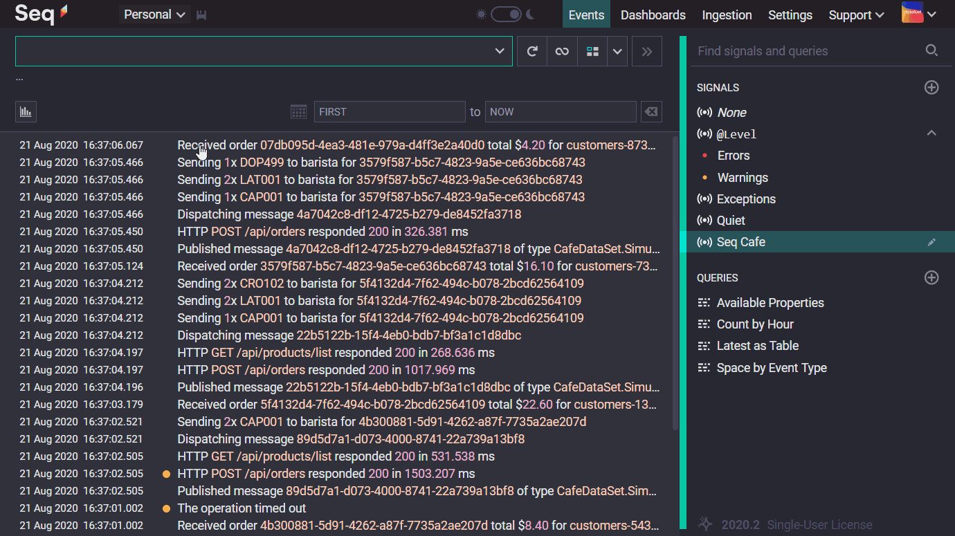The Seq 2020.2 structured data viewer in action, searching for a value in an array of nested objects.