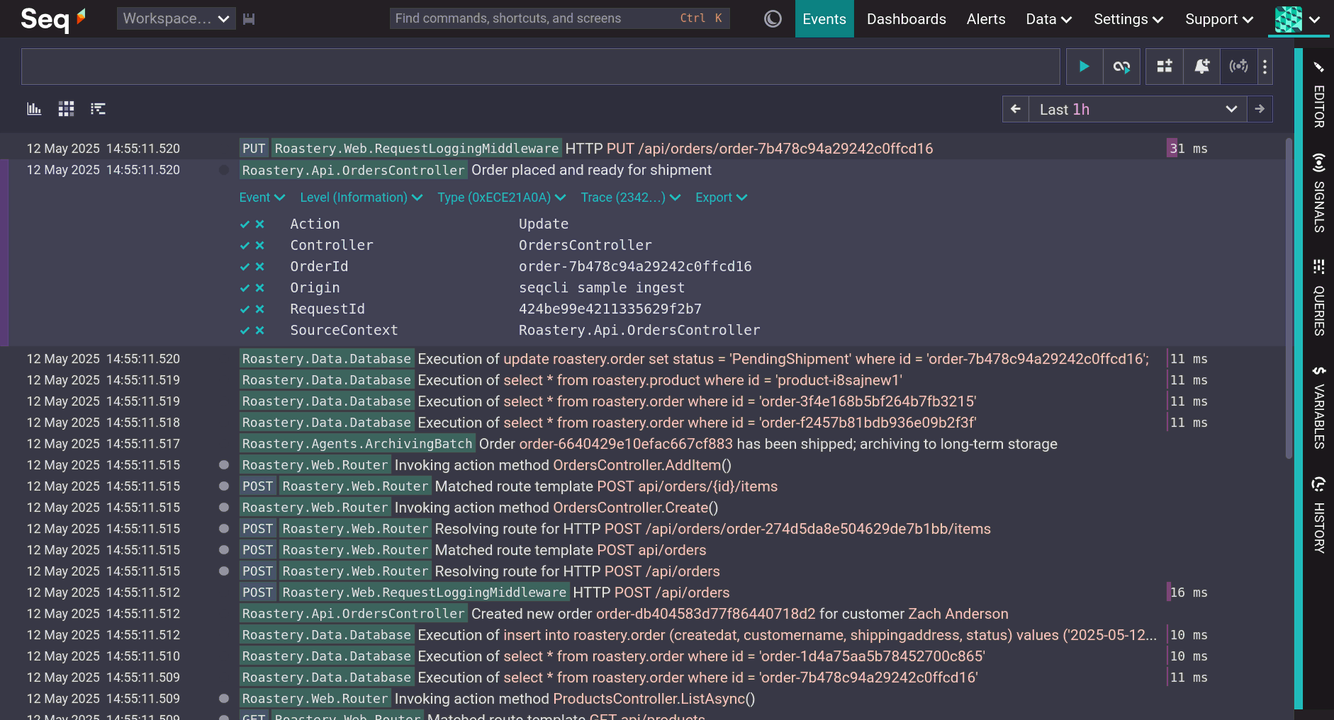 The Seq web UI, showing a search bar and a list of the most recent events in descending chronological order.