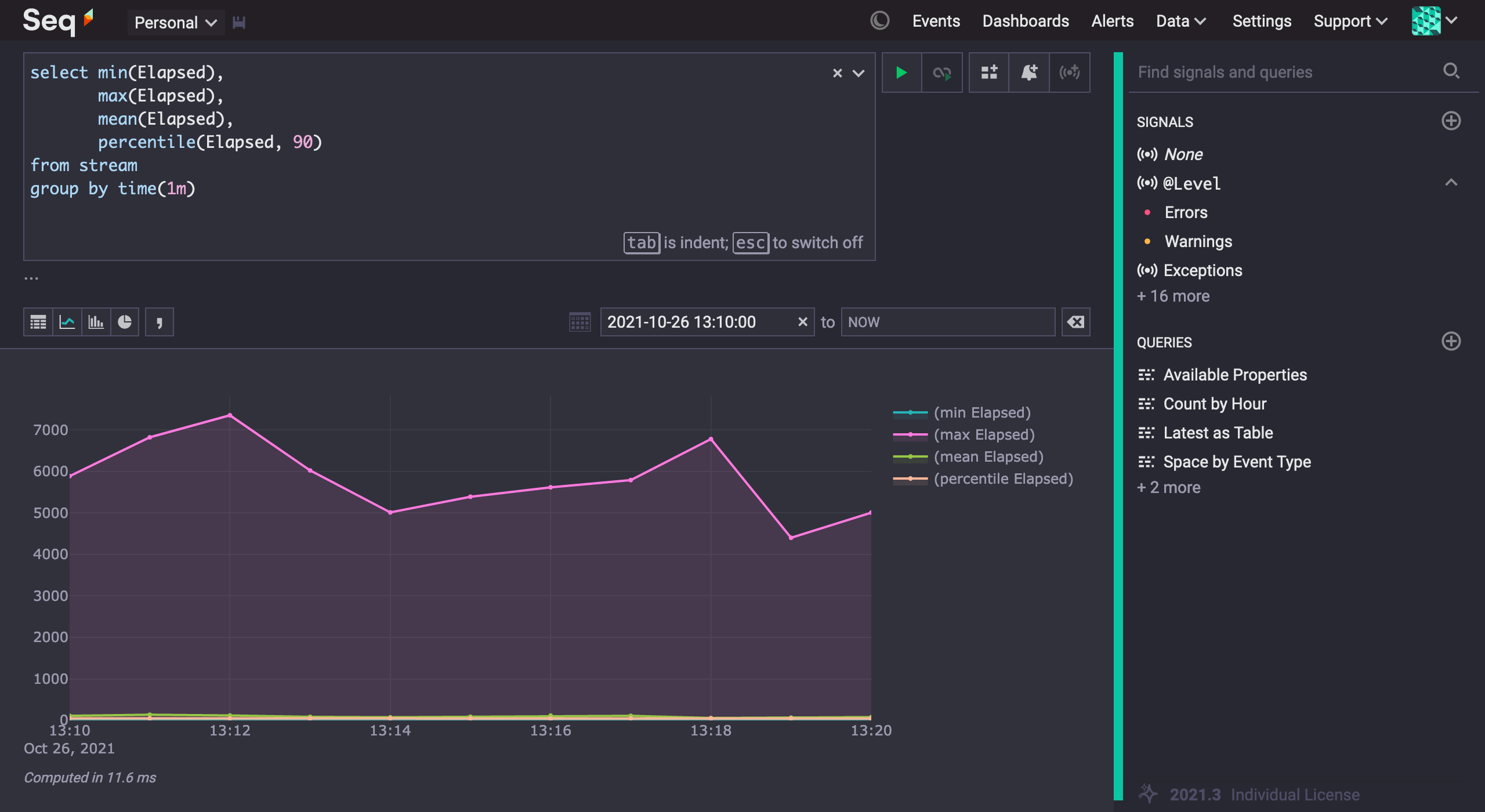 Using the events from the Health Check input to chart response times from a web page.