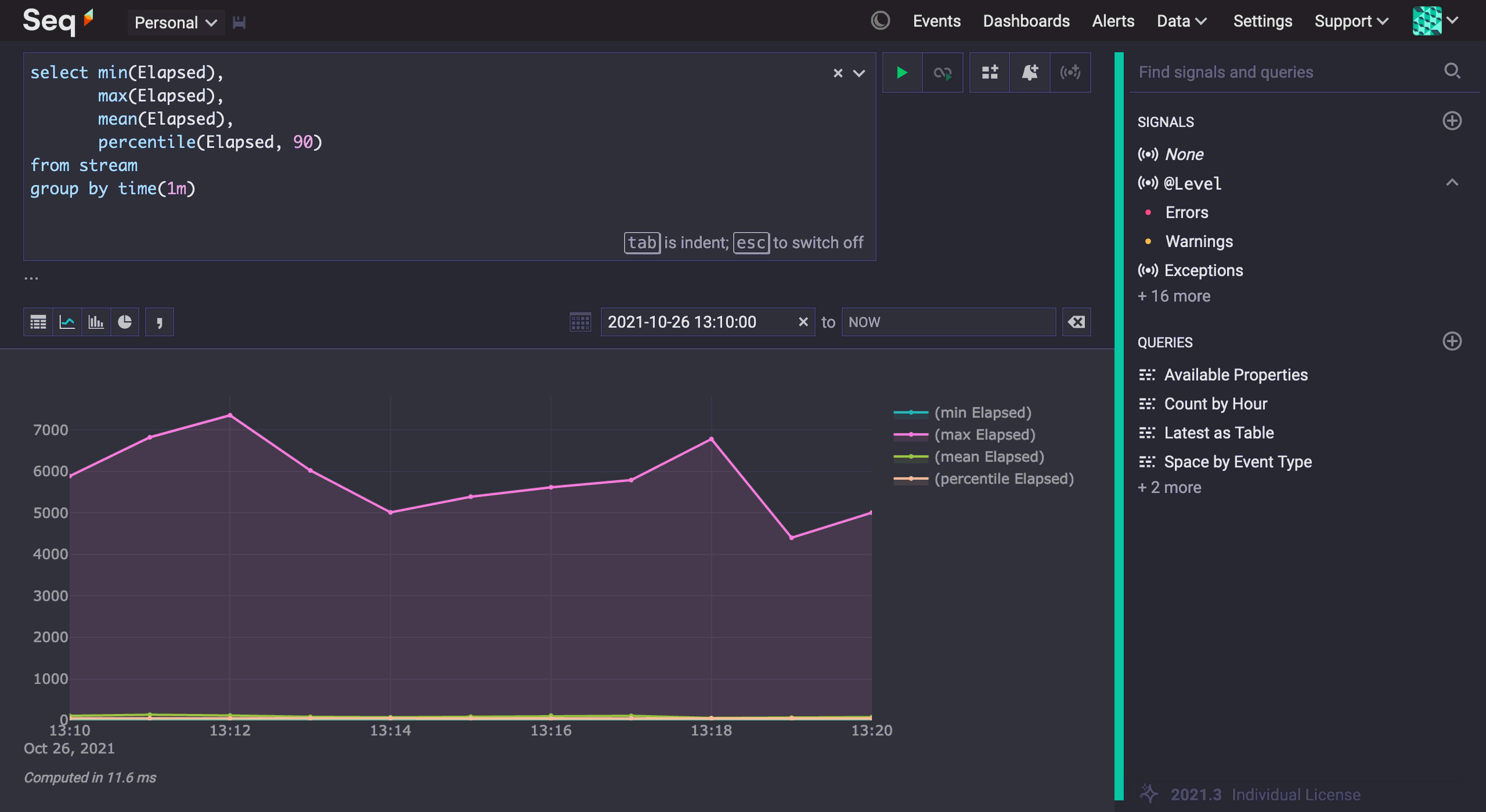 Using the events from the Health Check input to chart response times from a web page.
