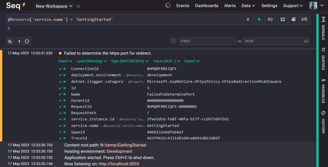 Seq Events screen showing OTLP events ingested from ASP.NET Core.