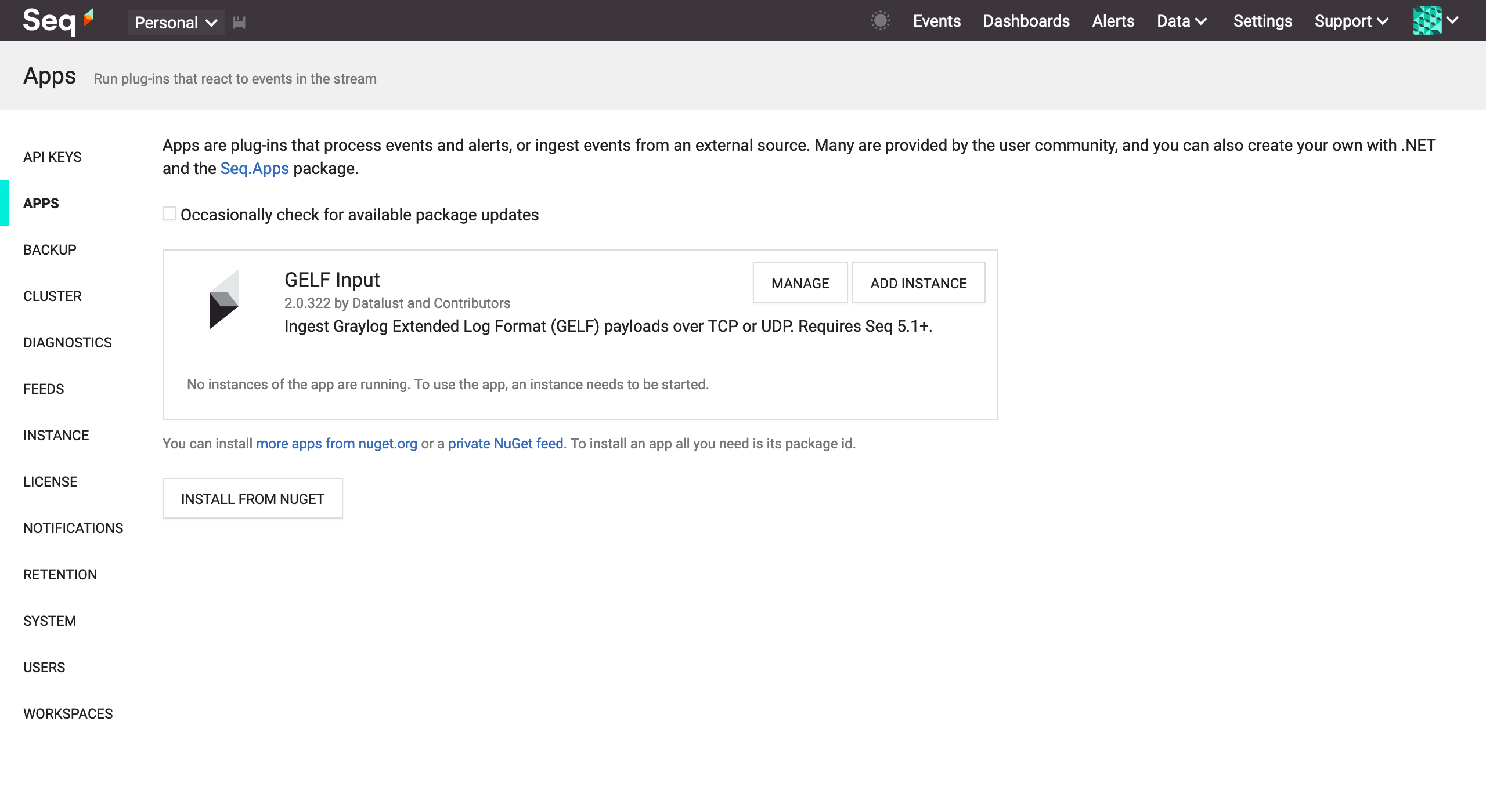 GELF input installed through Settings > Apps.
