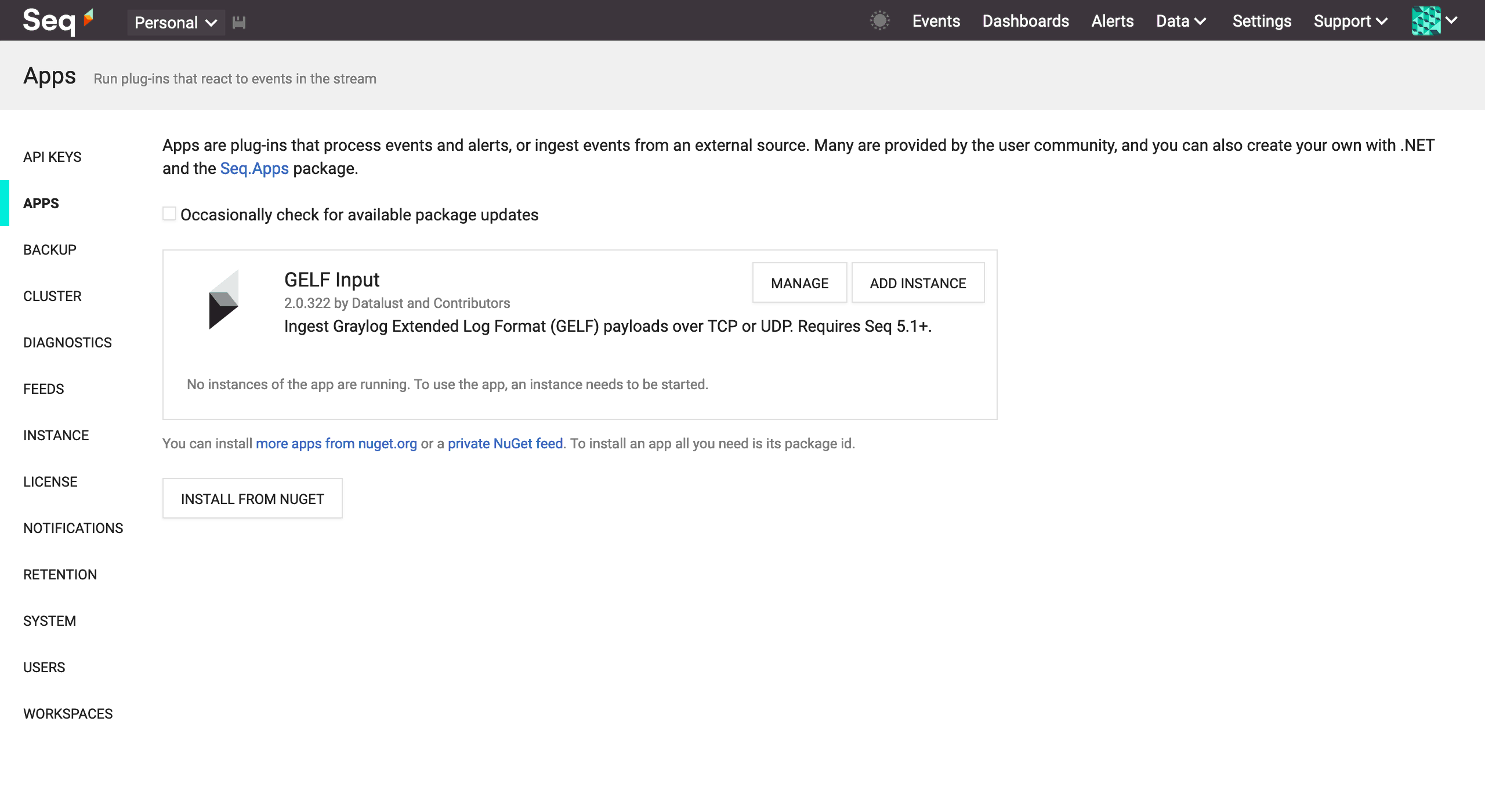 GELF input installed through Settings > Apps.