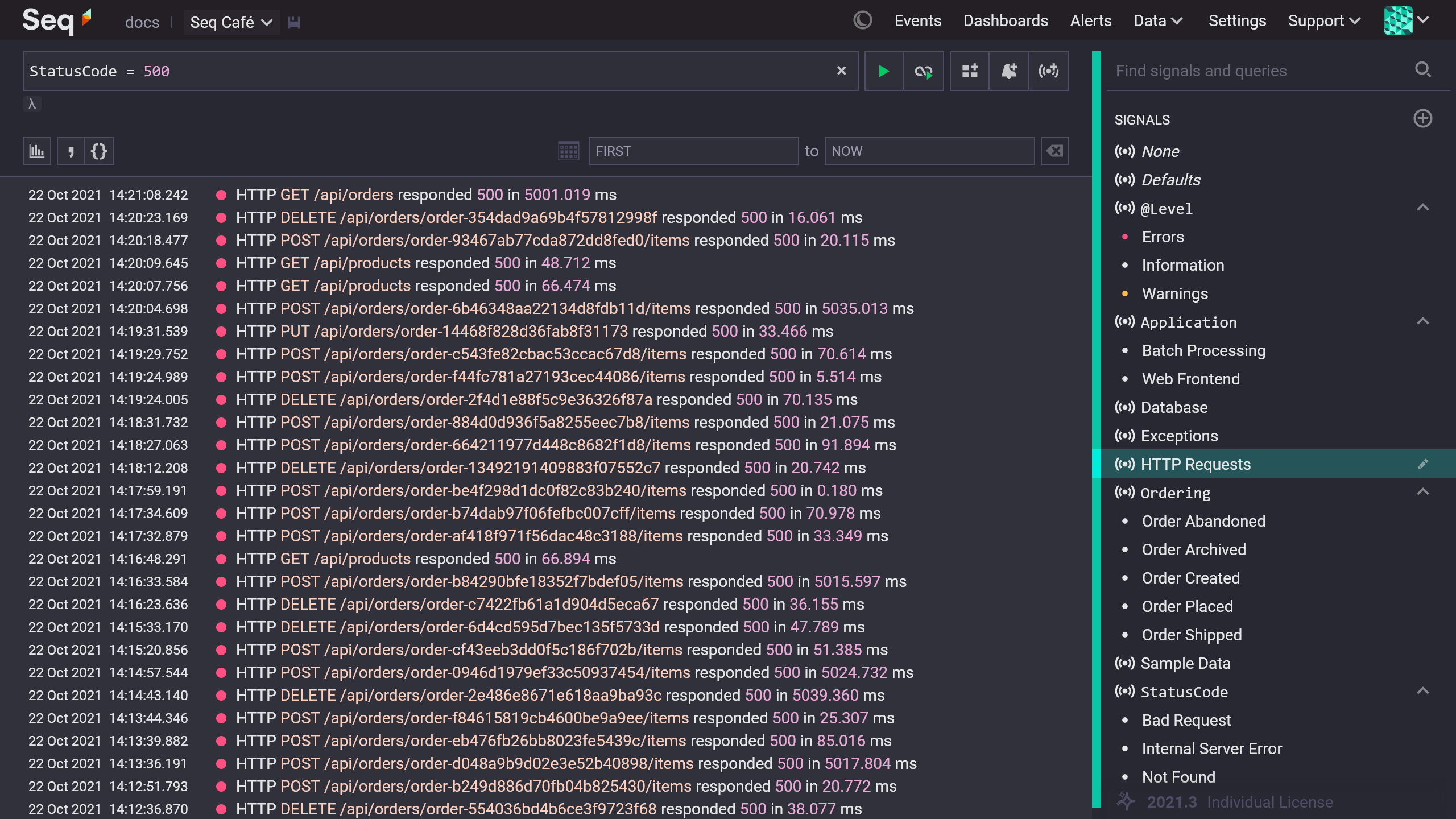Seq Events screen, showing HTTP requests that resulted in a 500 status code.