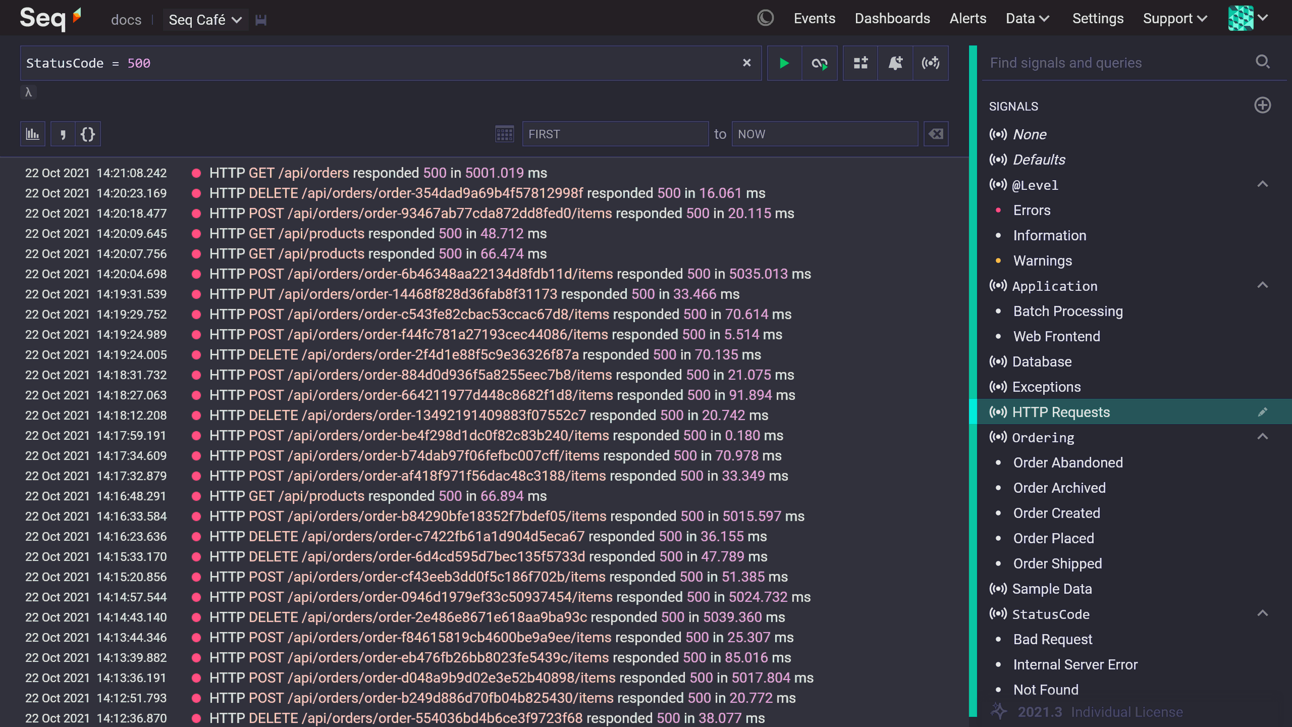 Seq Events screen, showing HTTP requests that resulted in a 500 status code.