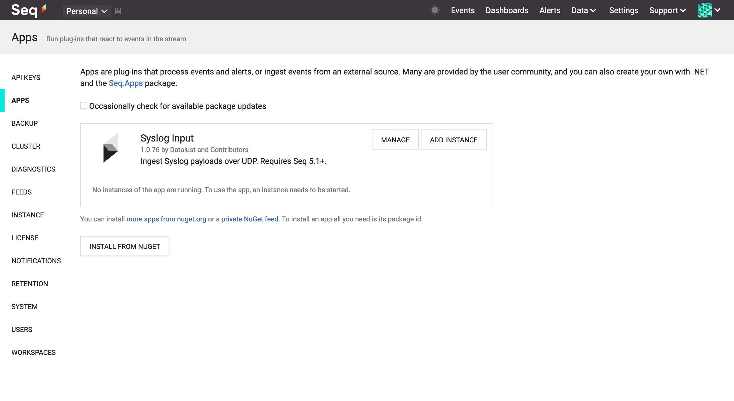 Syslog input installed through Settings > Apps