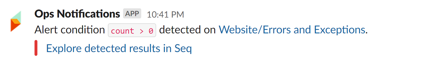 An alert from Seq, sent to a Slack channel.