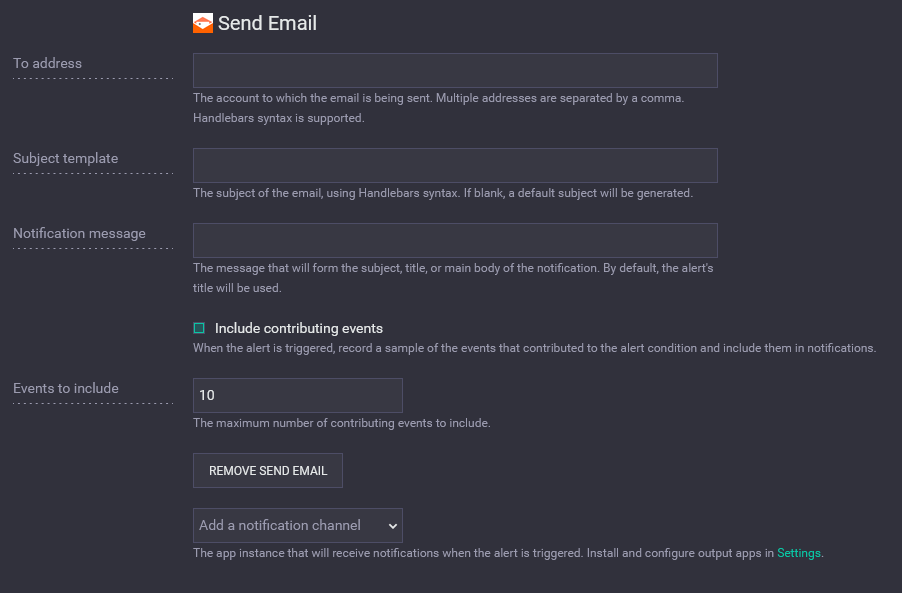 Email notification with Include contributing events checked.