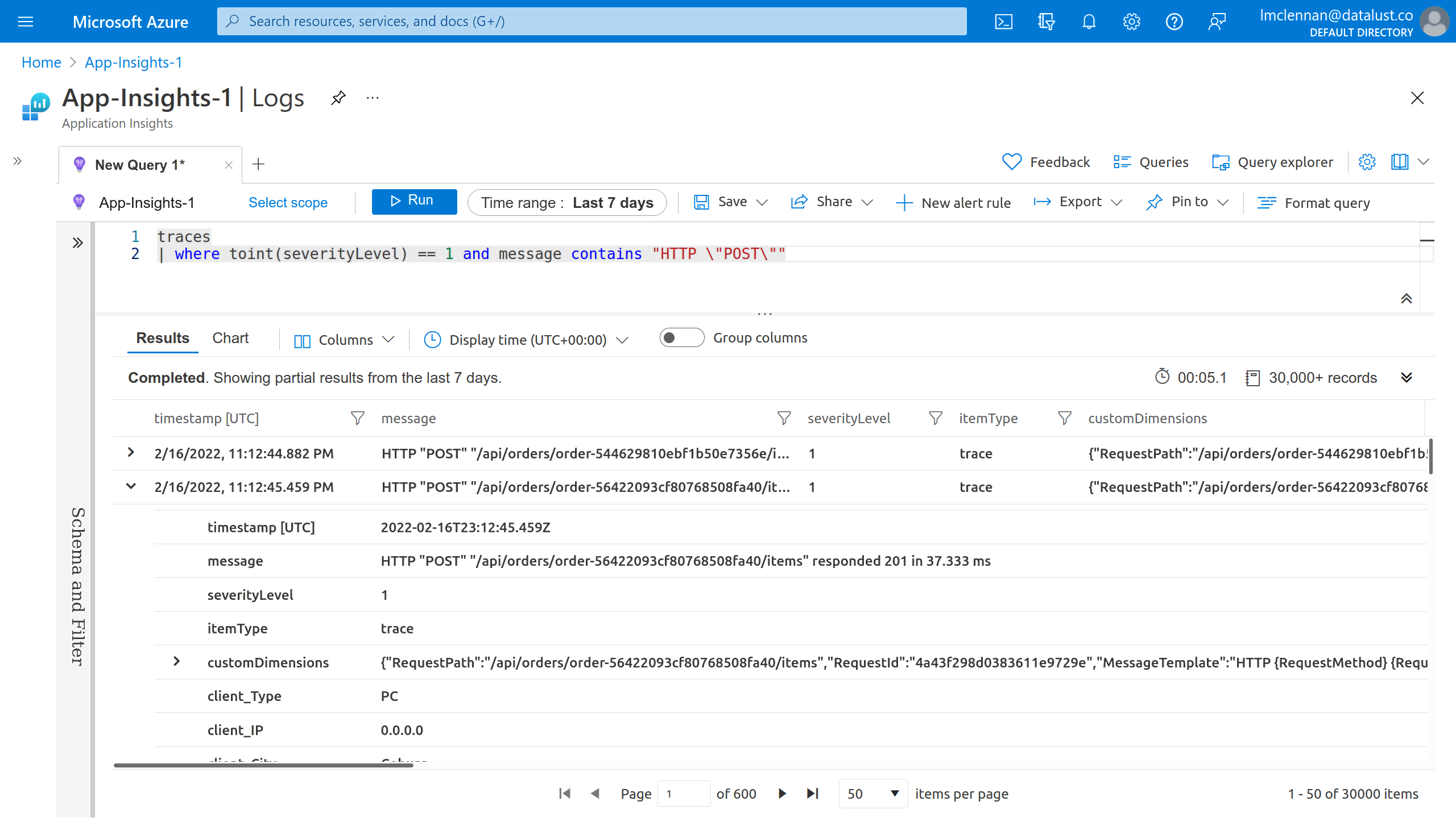 Viewing an event in App Insights Log Analytics