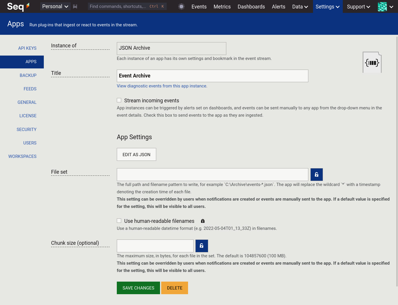 Seq app instance configuration showing settings overrides