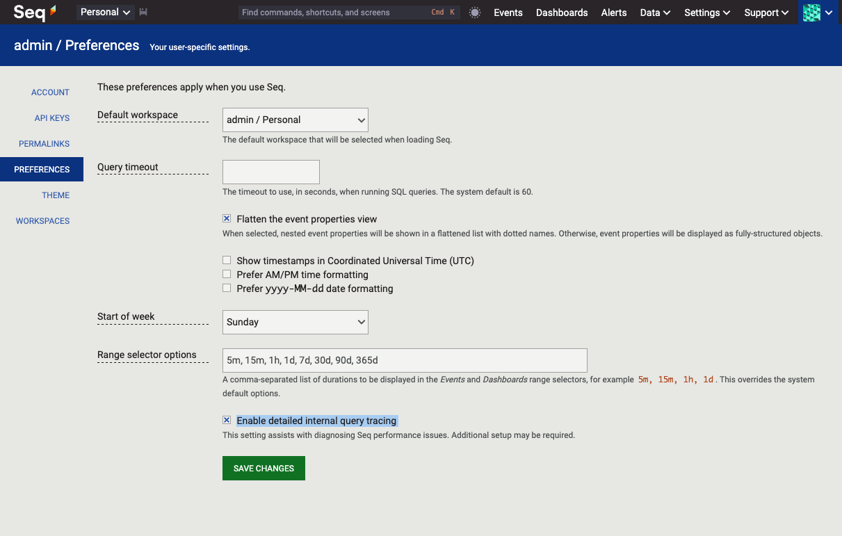 The user preferences screen, showing the "Enable detailed internal query tracing" checkbox selected.