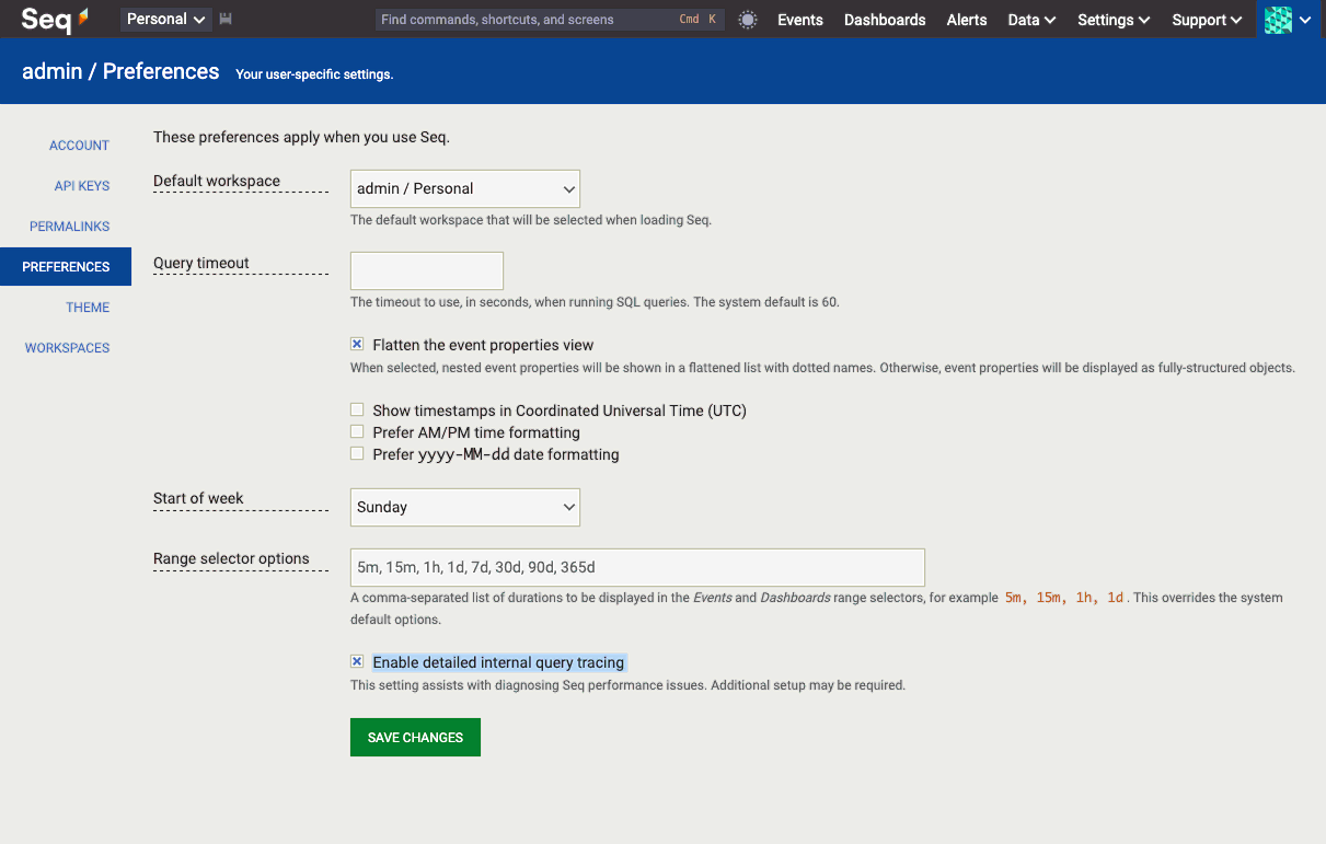 The user preferences screen, showing the "Enable detailed internal query tracing" checkbox selected.