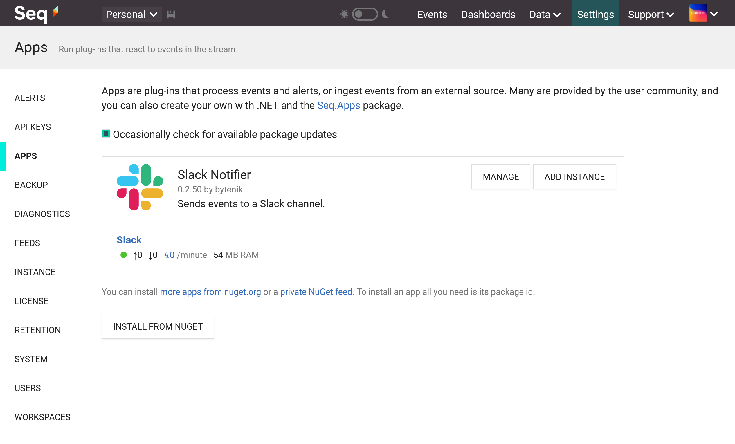 Seq Apps screen showing the Slack app and one running instance.