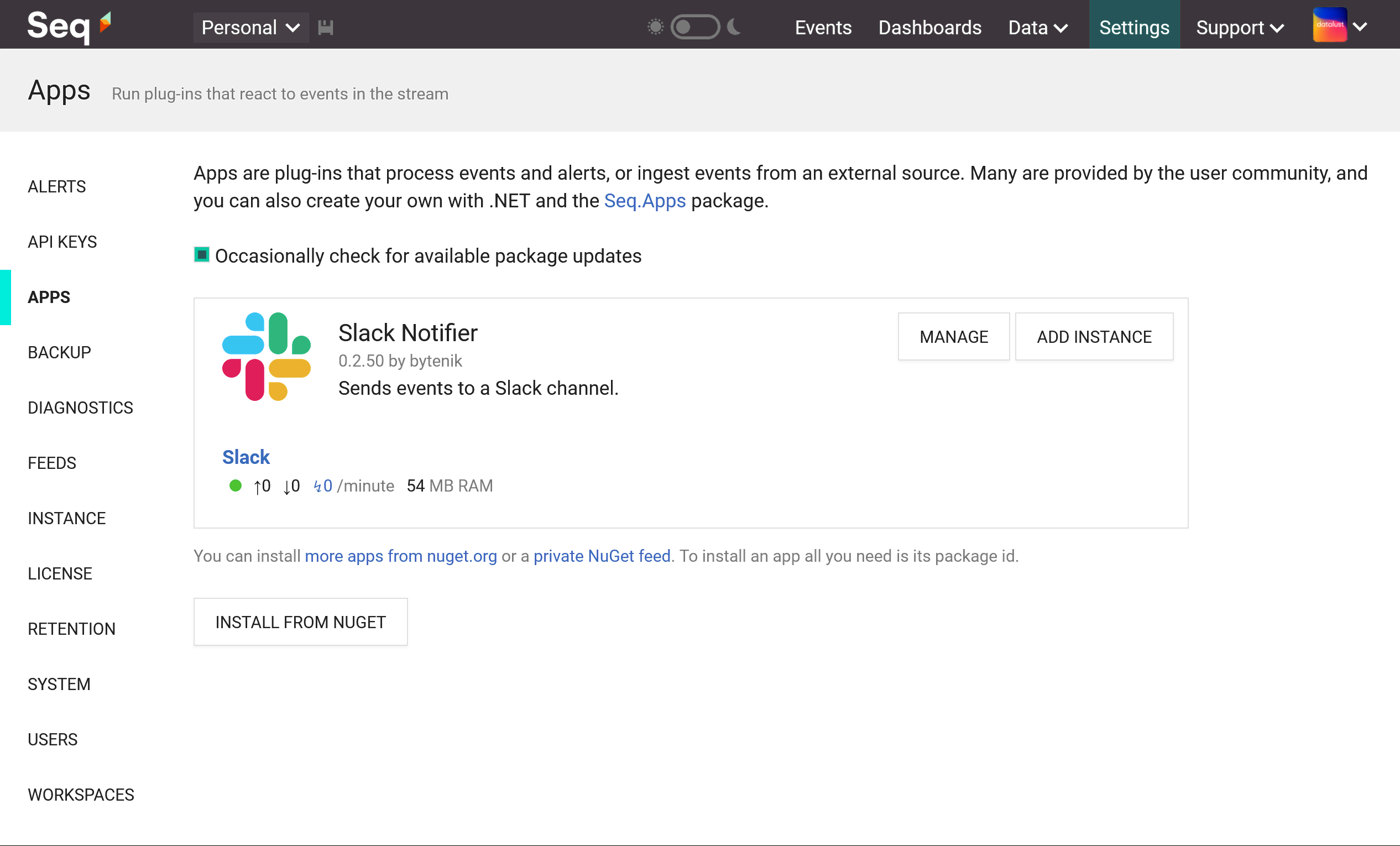 Seq Apps screen showing the Slack app and one running instance.