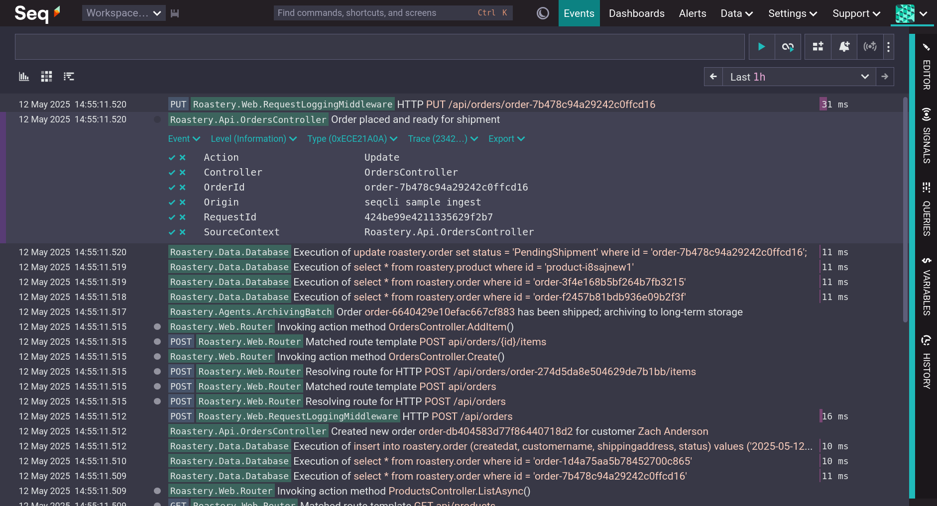 The Seq web UI, showing a search bar and a list of the most recent events in descending chronological order.