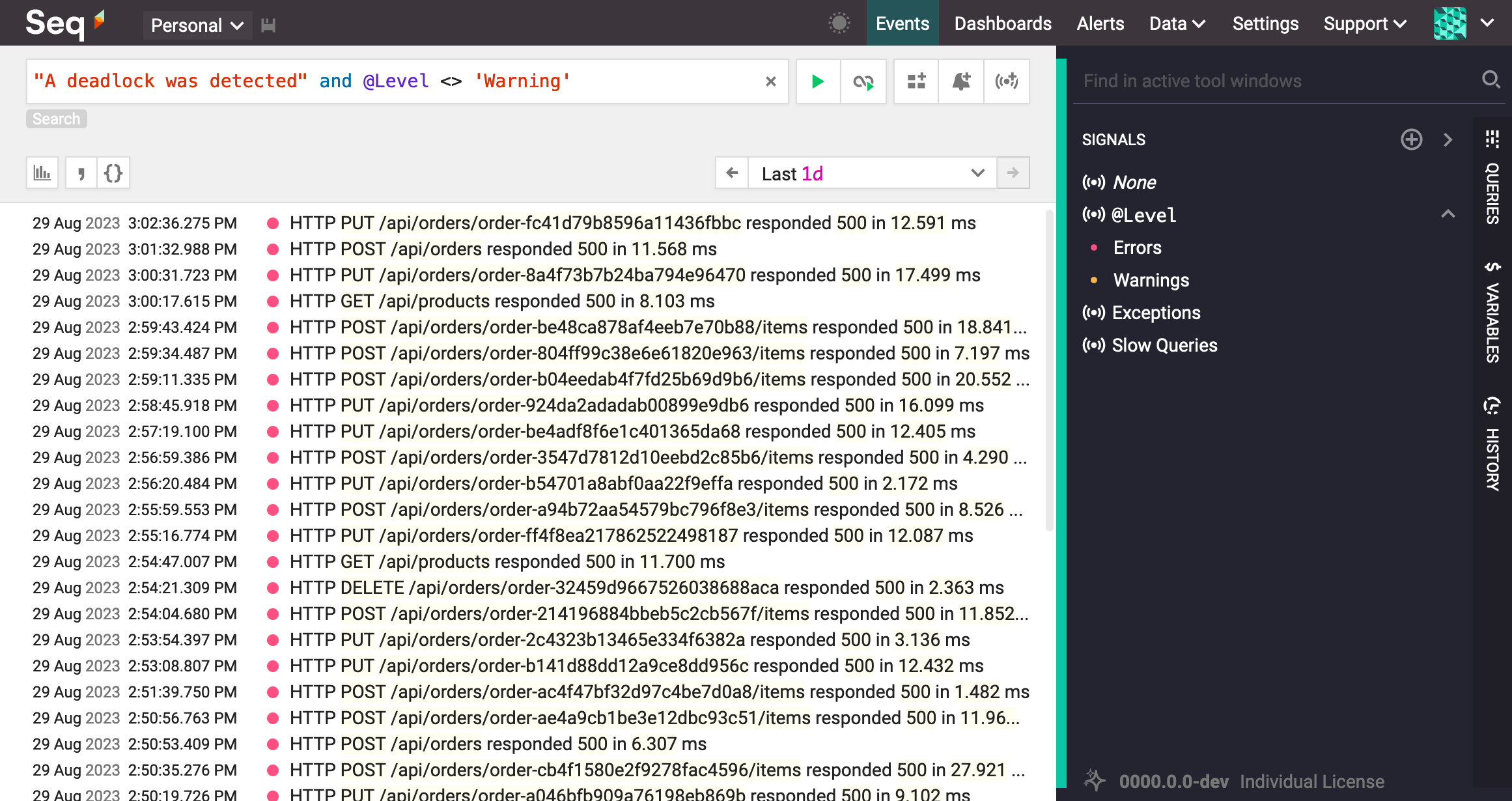 A search expression, "A deadlock was detected" and @Level <> 'Warning'.