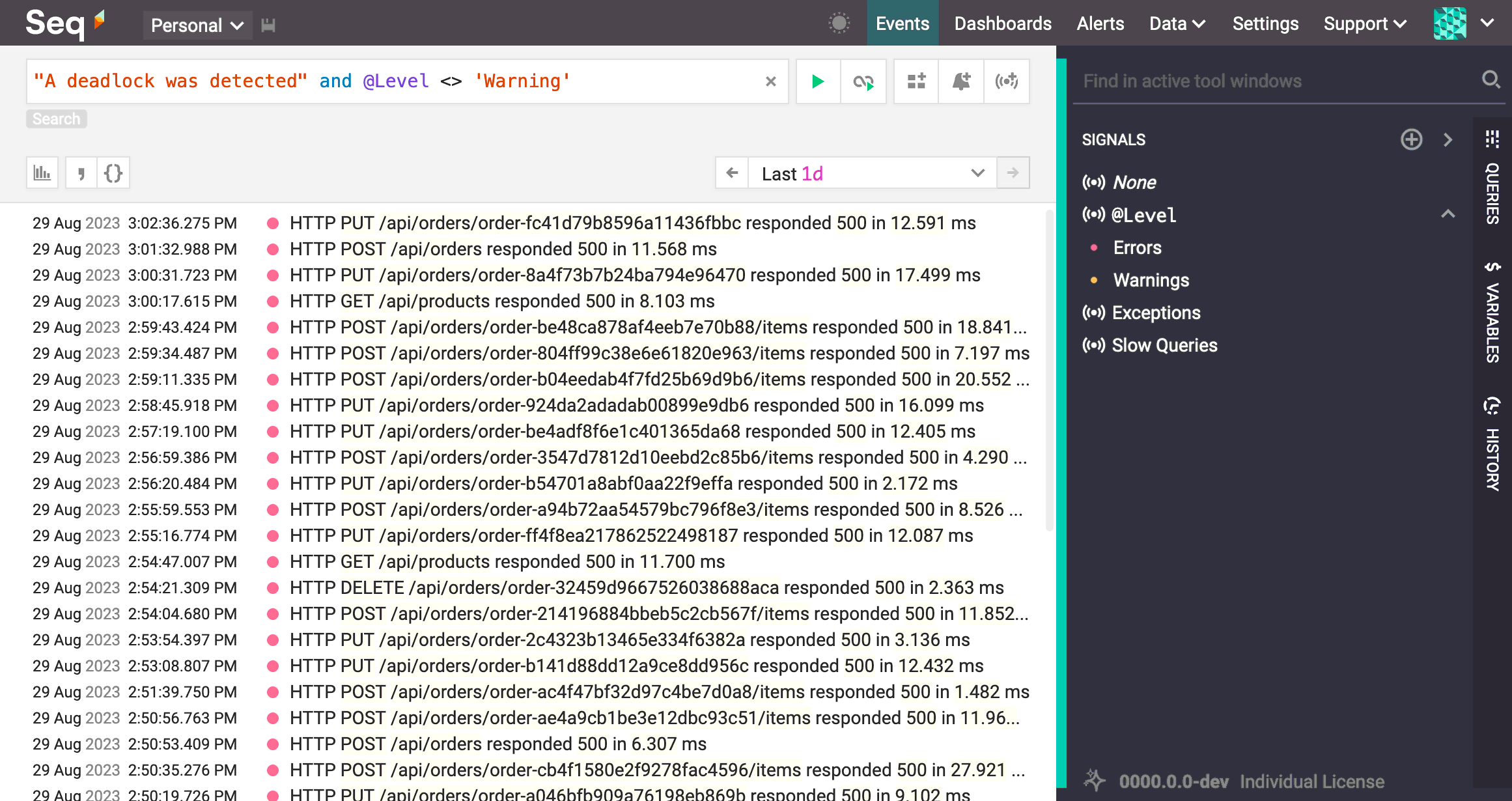 A search expression, "A deadlock was detected" and @Level <> 'Warning'.