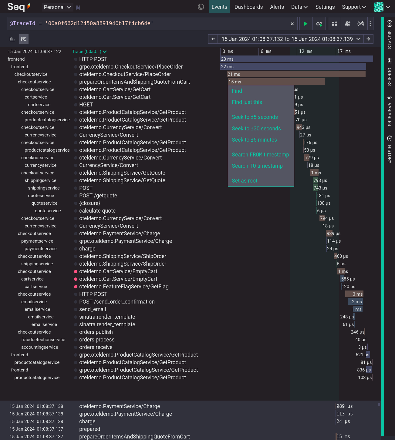 A comprehensive but inscrutable trace without descriptive span names.