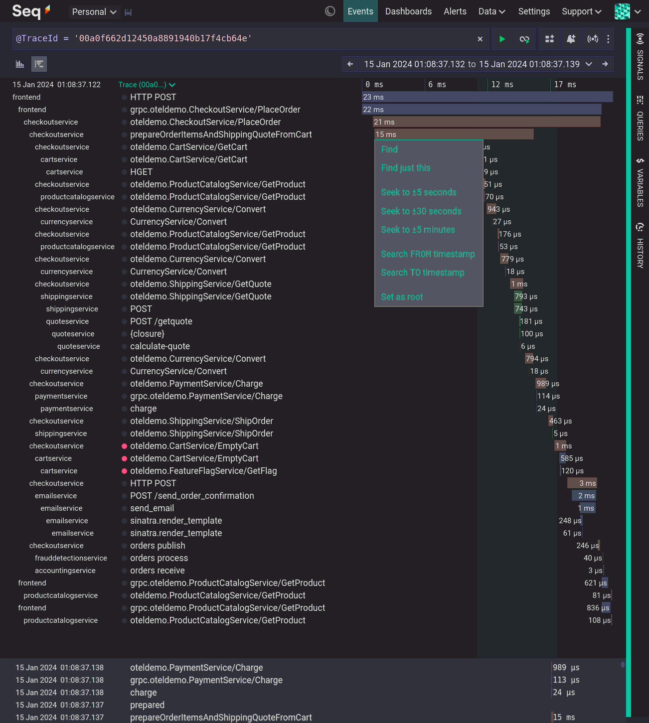 A comprehensive but inscrutable trace without descriptive span names.