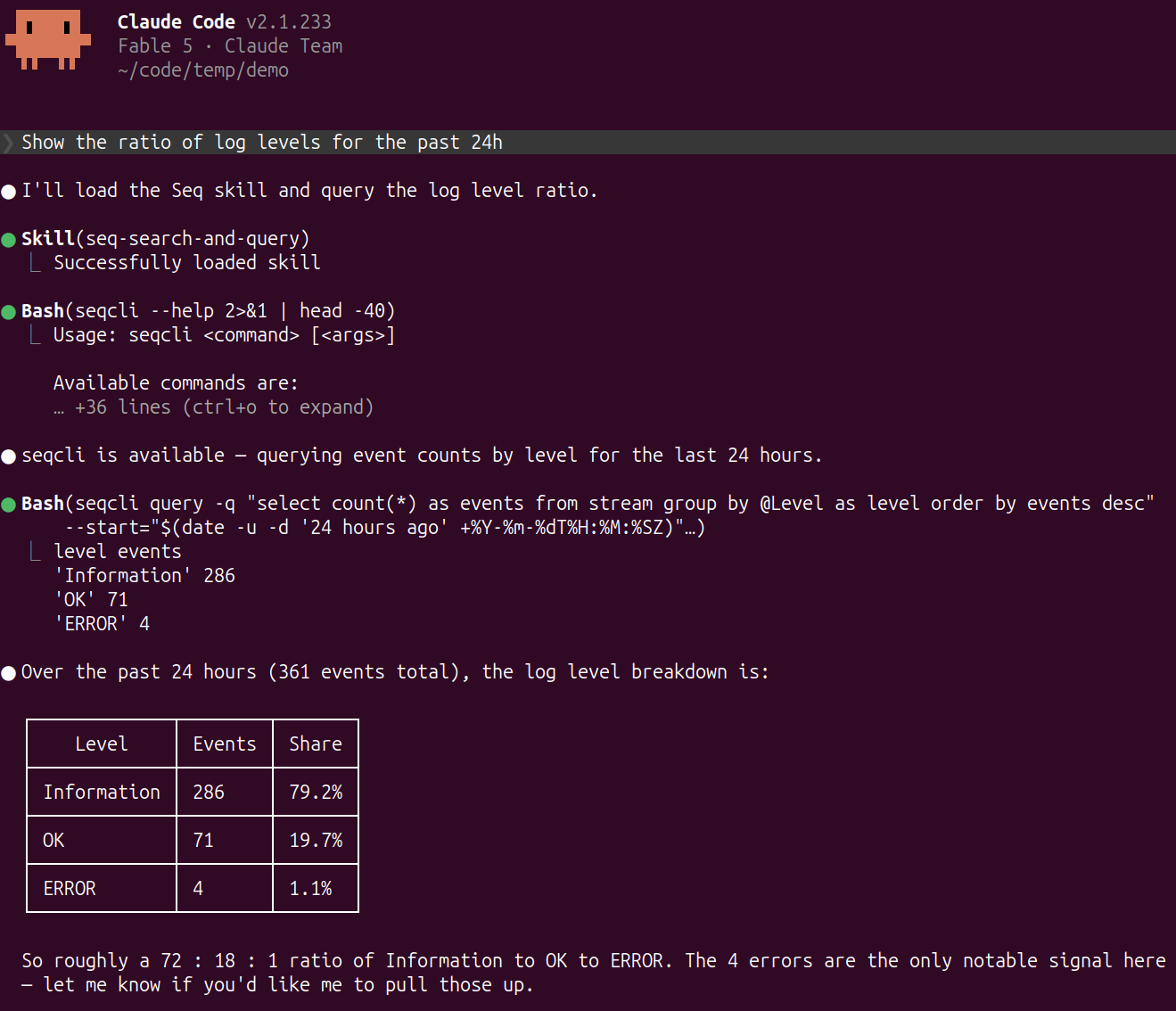 Using seqcli to connect Claude Code to Seq