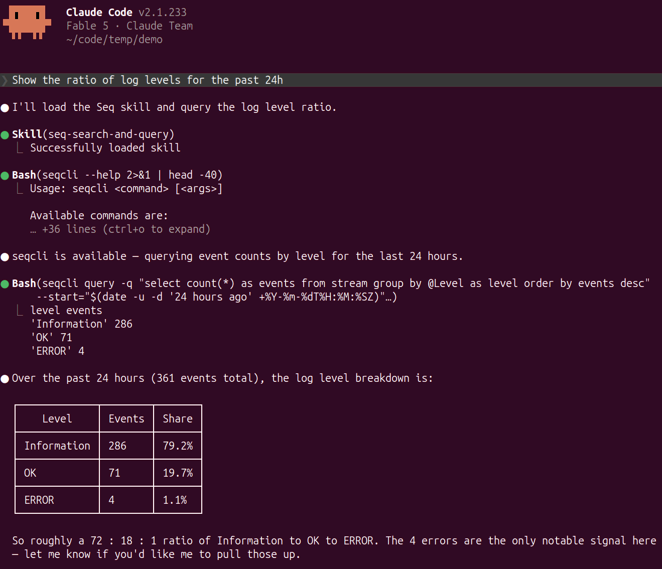 Using seqcli to connect Claude Code to Seq