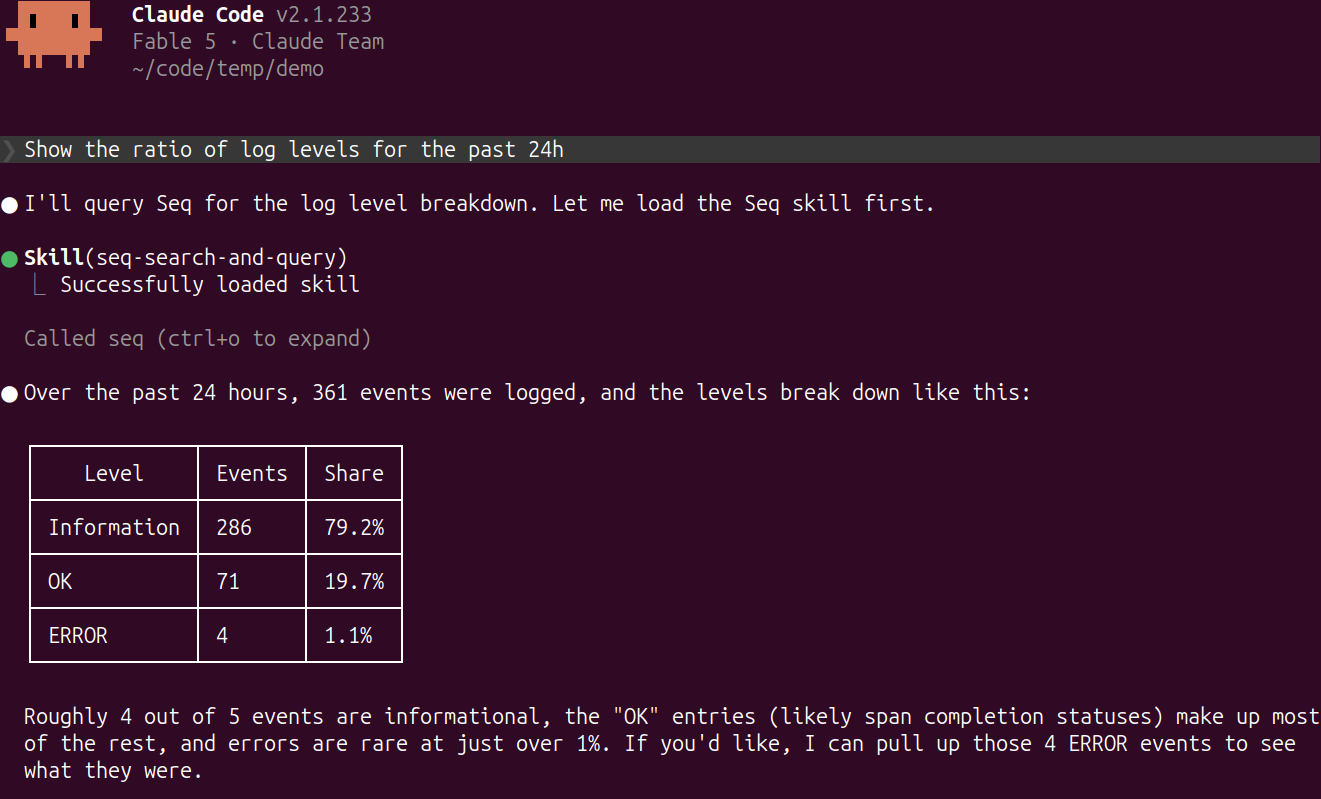 Claude Code using the Seq MCP server to connect to Seq
