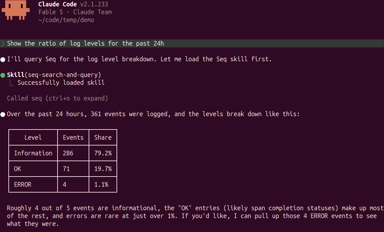 Claude Code using the Seq MCP server to connect to Seq